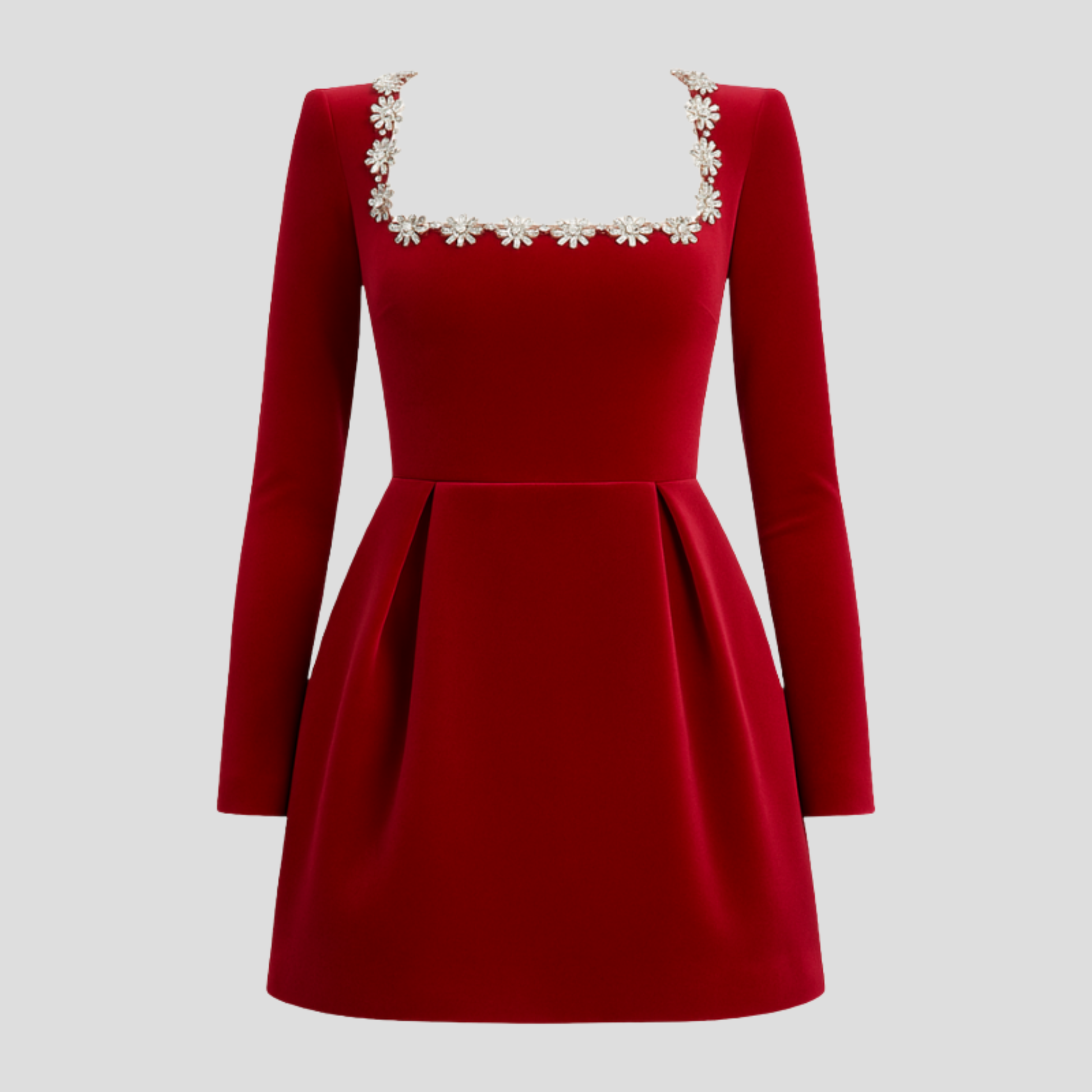Women's structured cocktail dress with square neckline and embellished detailing in black