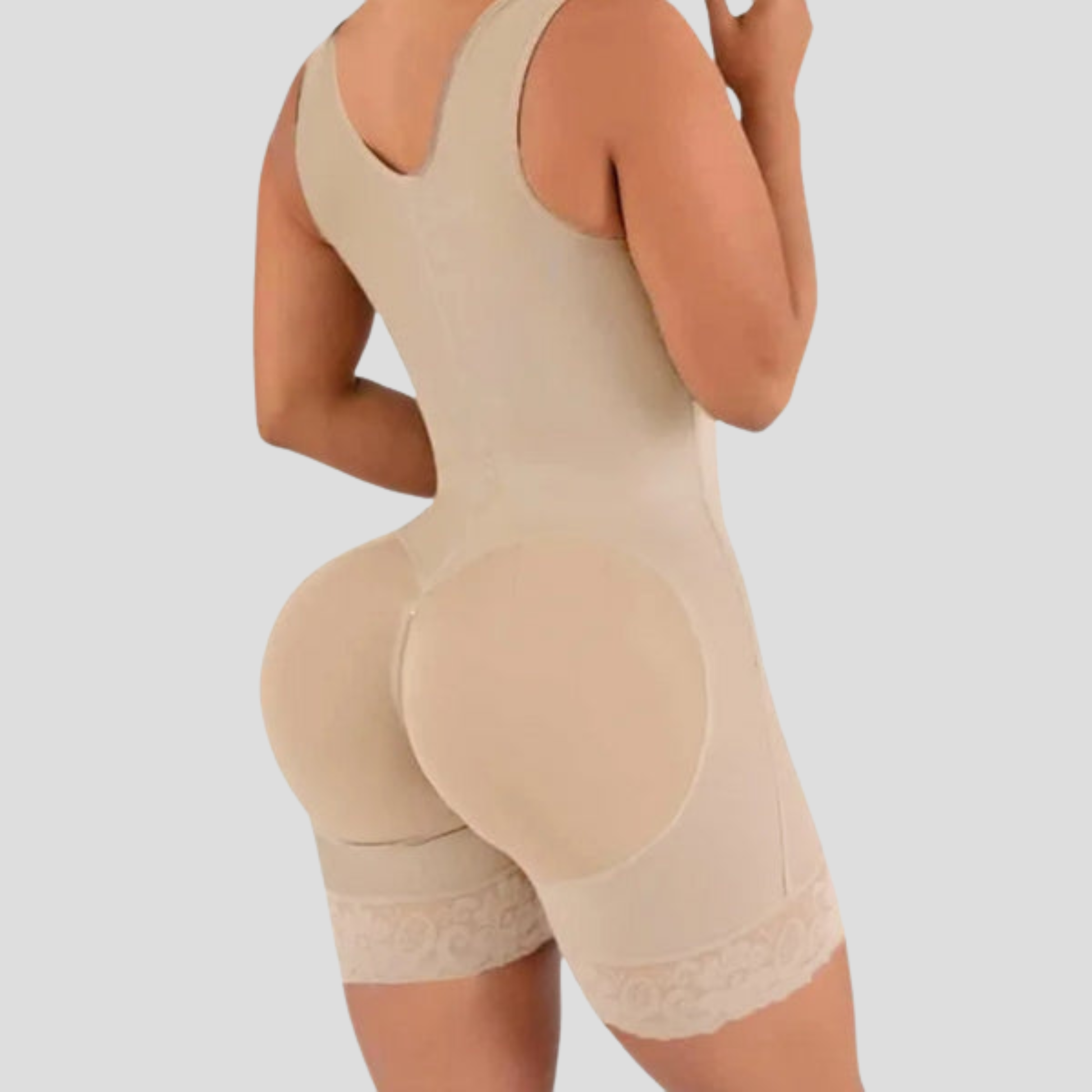 Women's full-length sculpting bodysuit with hook-front closure in black and beige