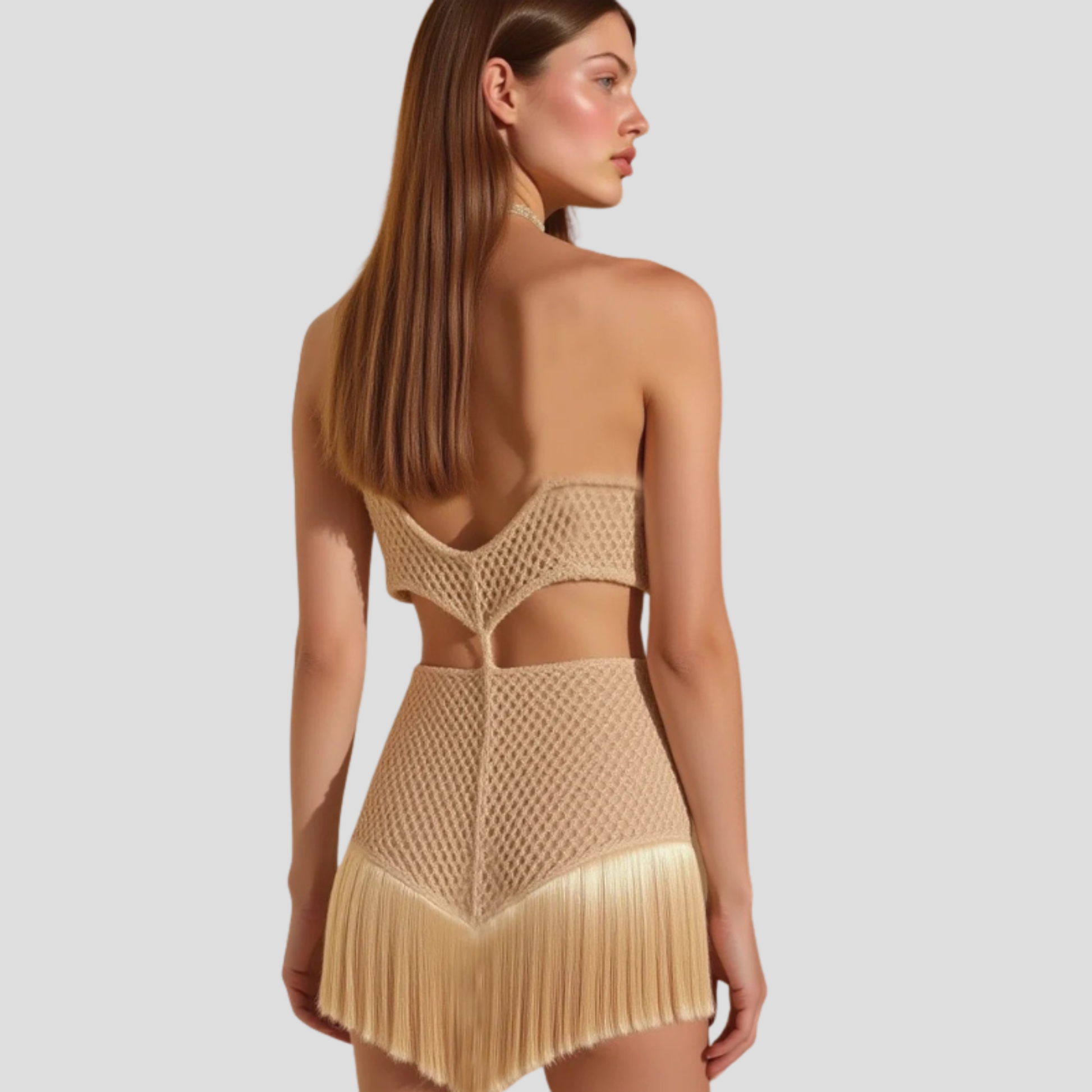 Women's gold crochet top and cascading fringe two-piece occasion set