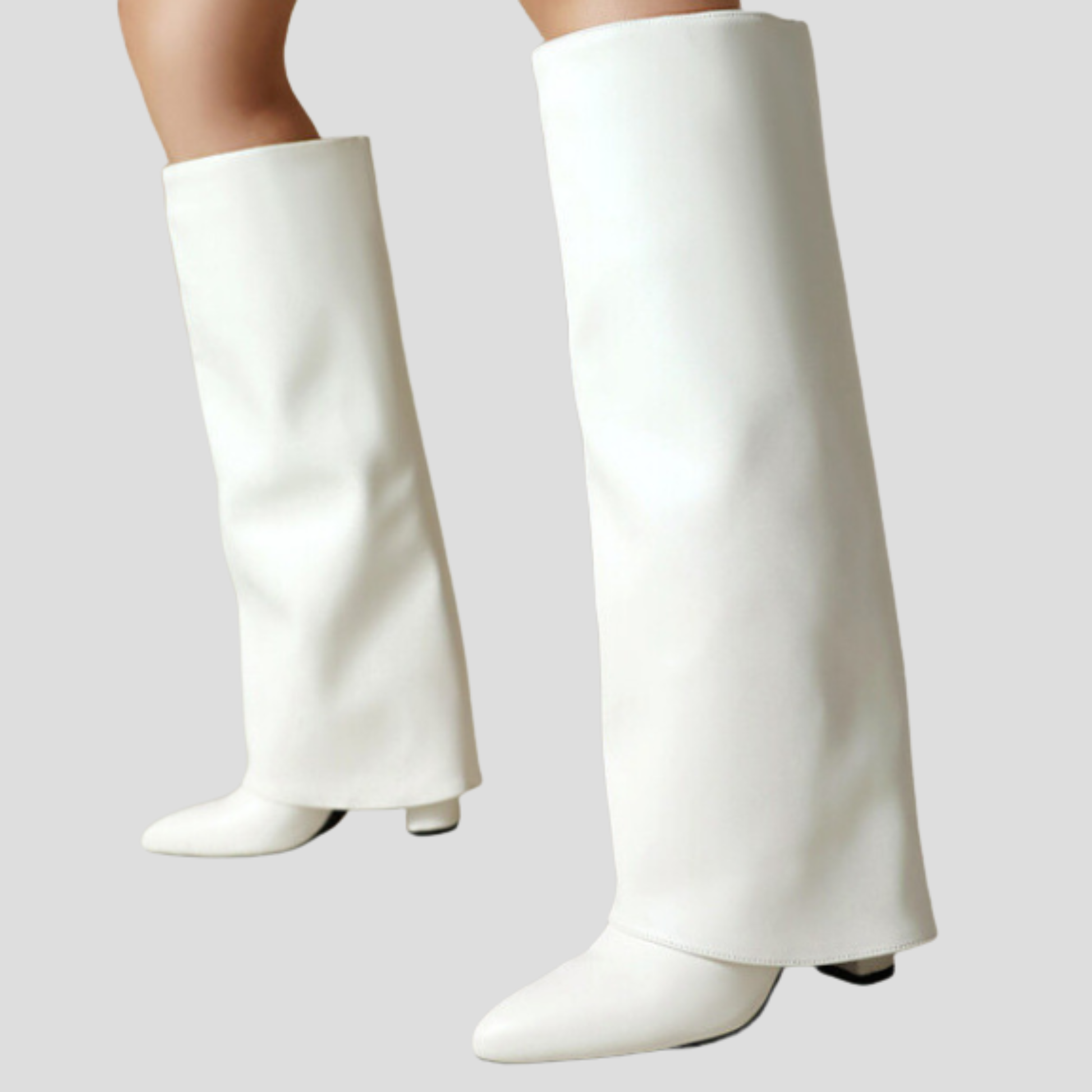 Sculpted knee-high boots with square heel, shown in black, pink and white