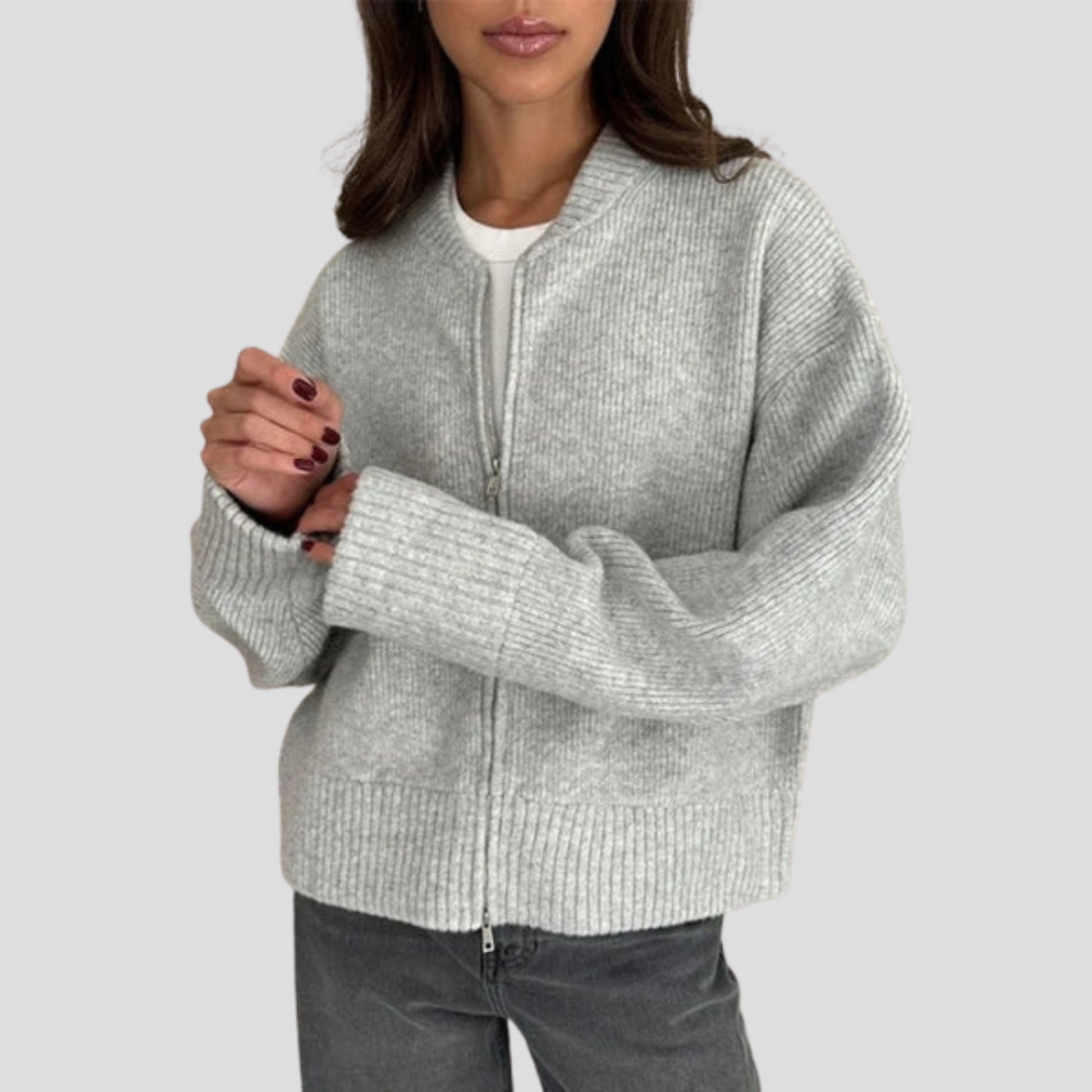 Women's zip-front relaxed cardigan shown in brown, beige and grey