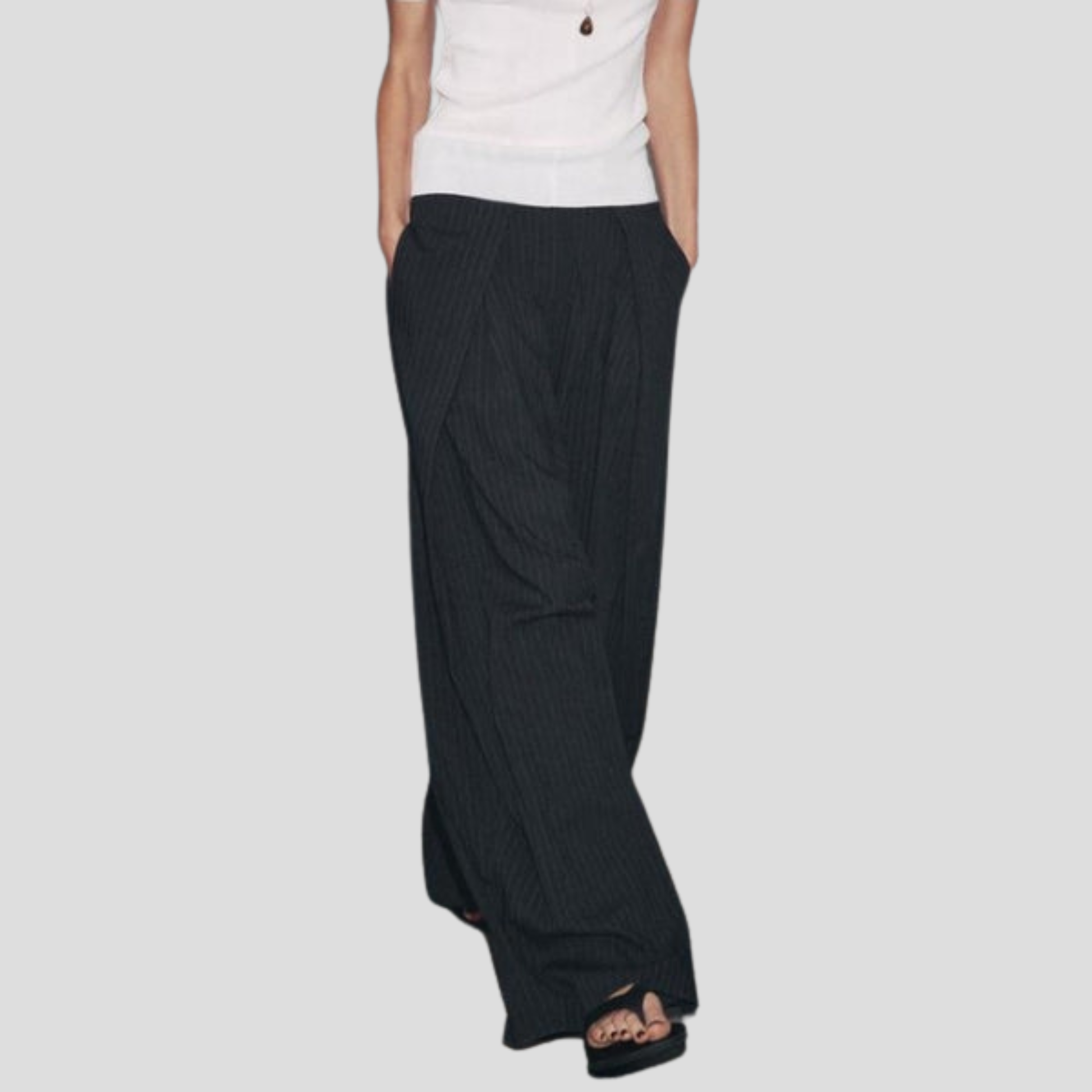 Women's black wide-leg trousers with vertical pinstripe pattern