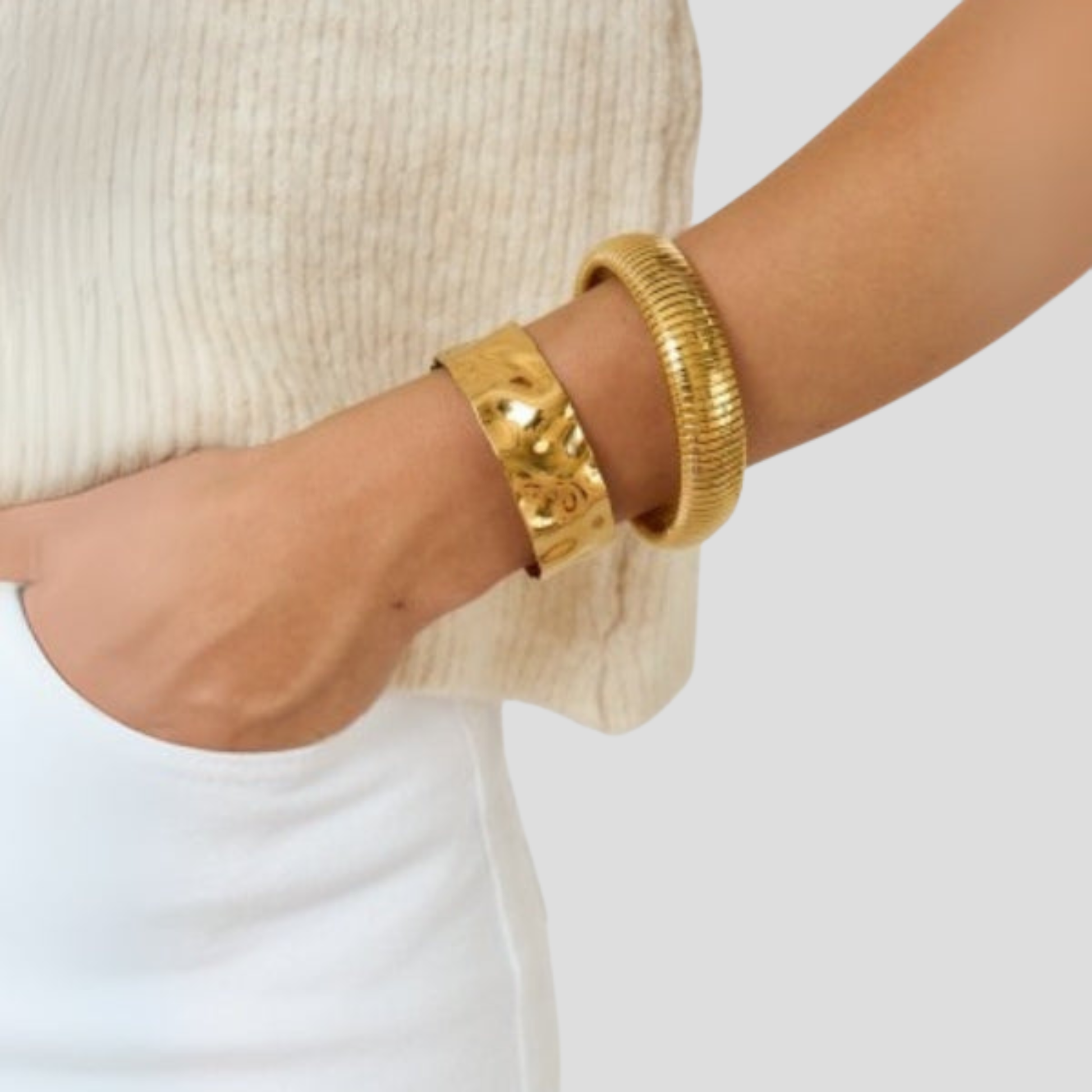 Gold-tone hammered open cuff bracelet for women with textured surface