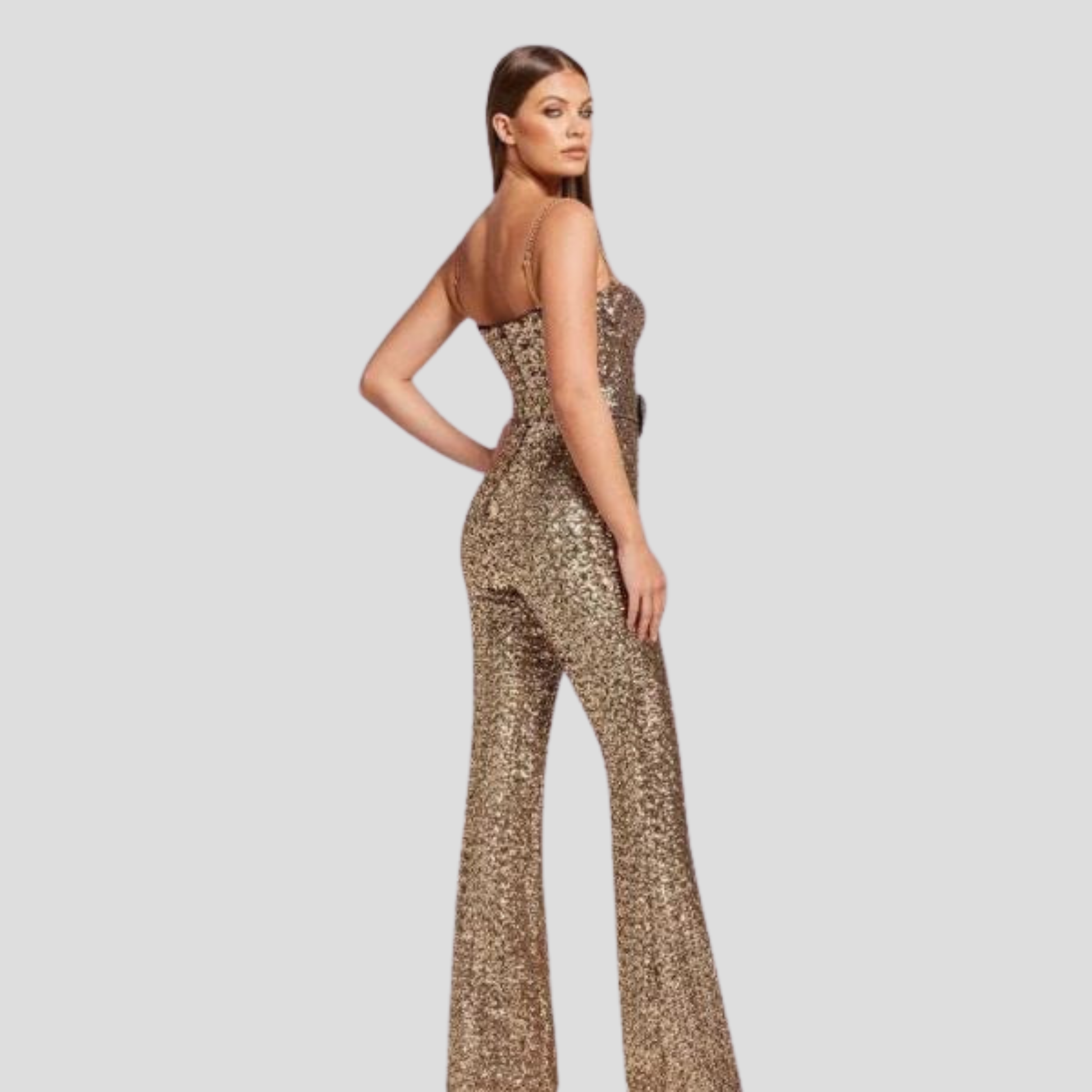 Women's strapless gold jumpsuit with a belted waist