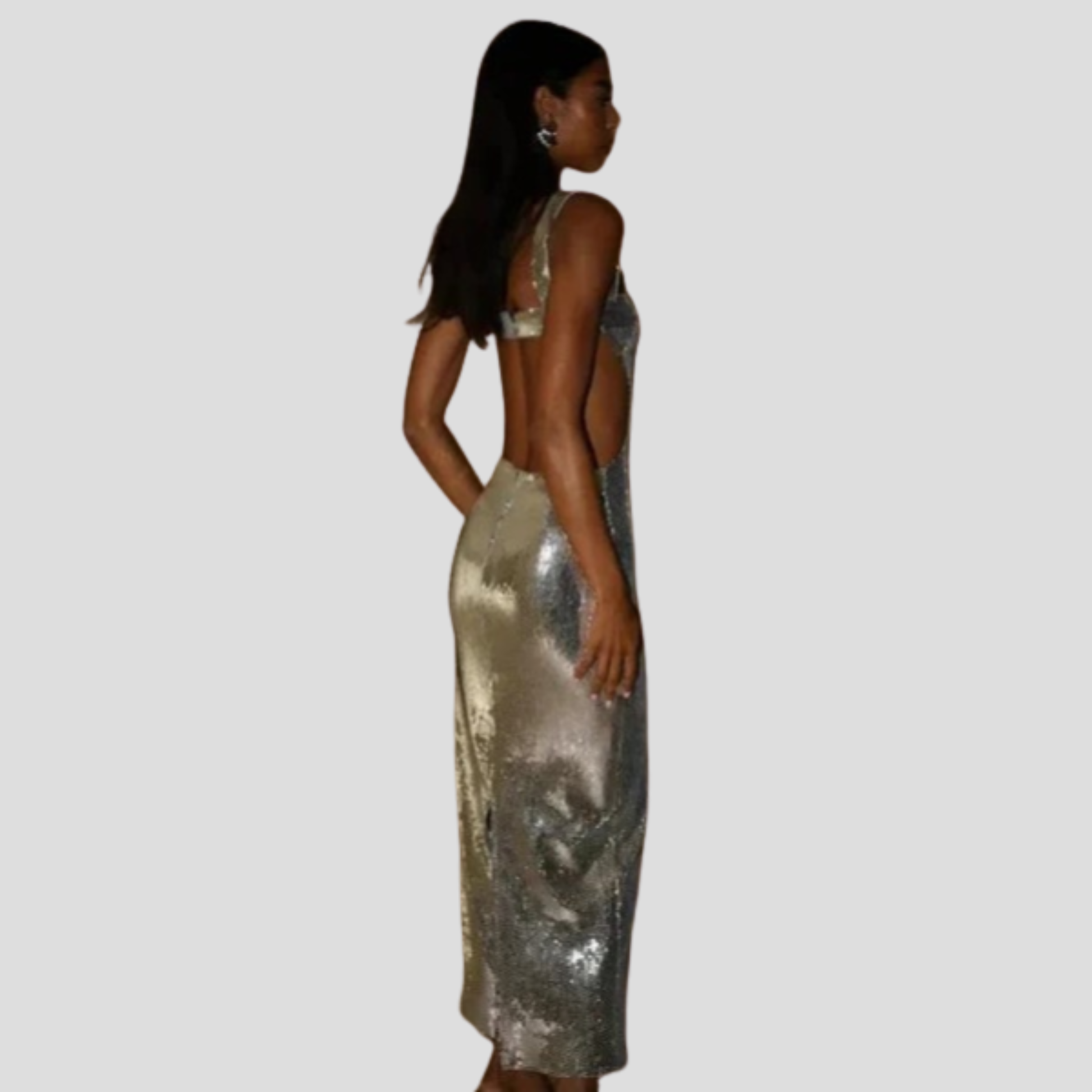 Silver floor-length maxi dress with square neckline and fitted silhouette for evening wear