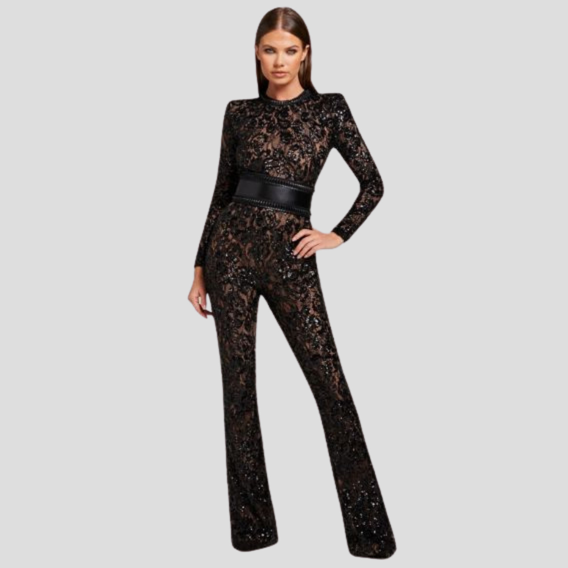 Women's jumpsuit with fitted bodice and flared leg silhouette in black and white