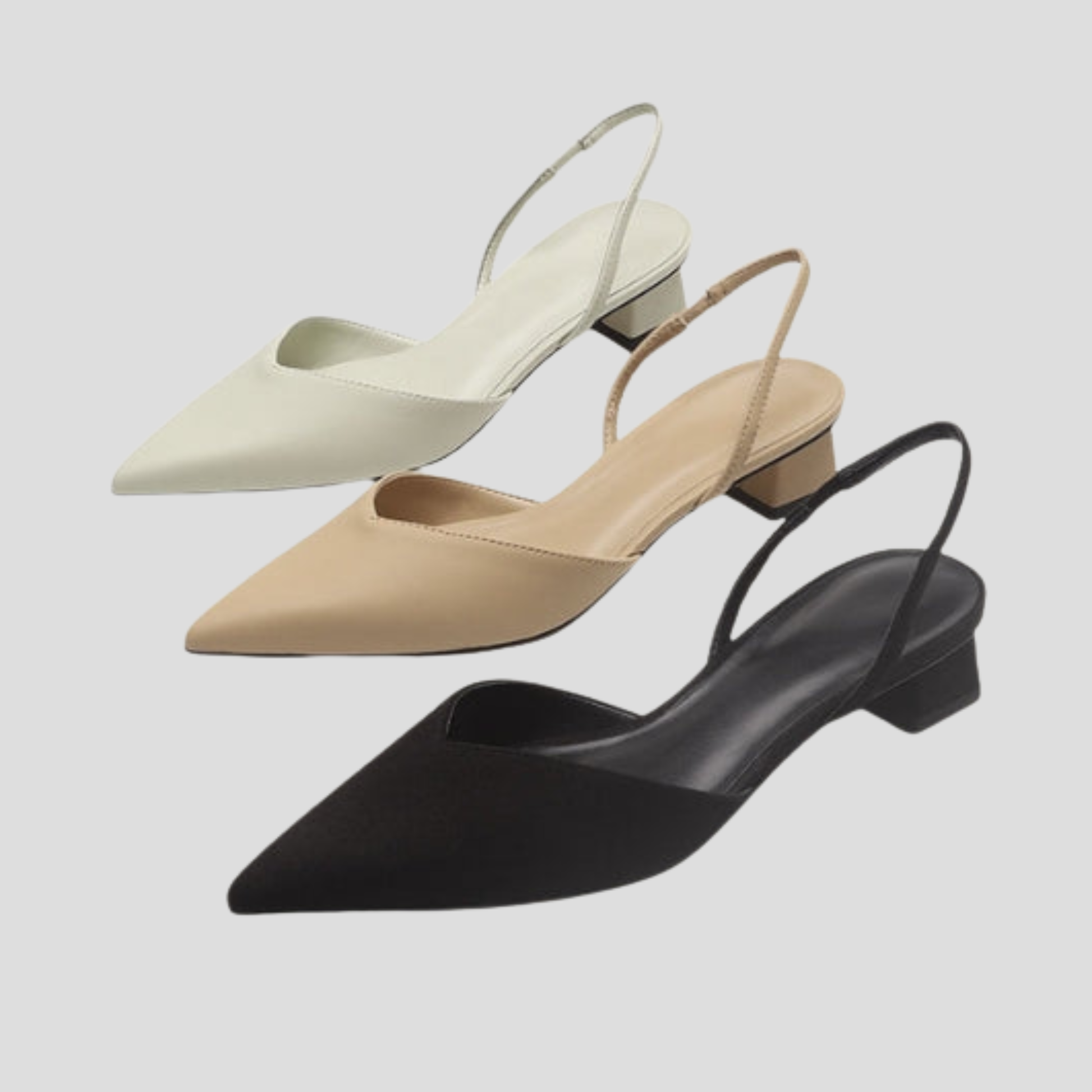 Women's slingback block heel with pointed toe in white, black, and beige