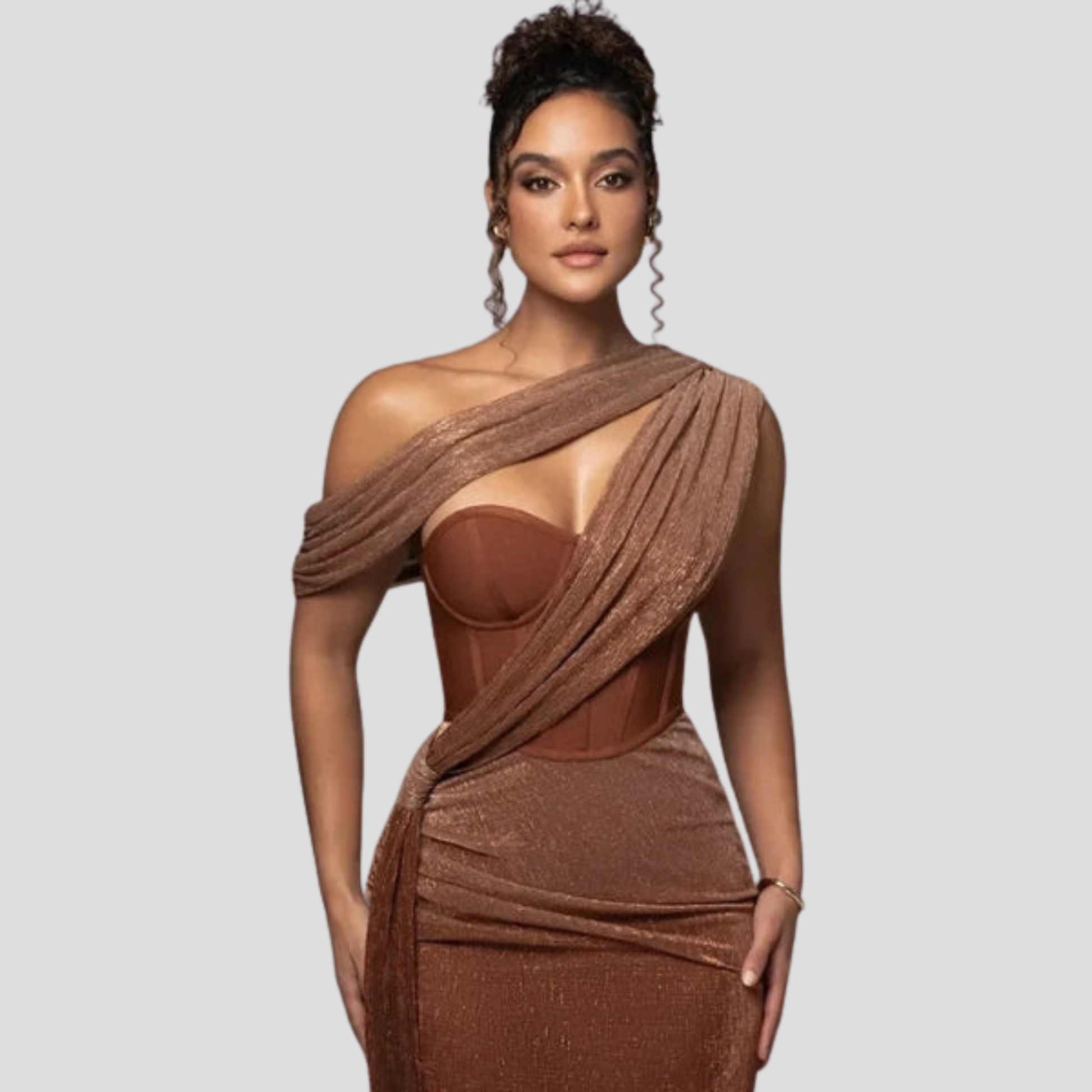 Woman wearing a one-shoulder draped floor-length maxi evening dress