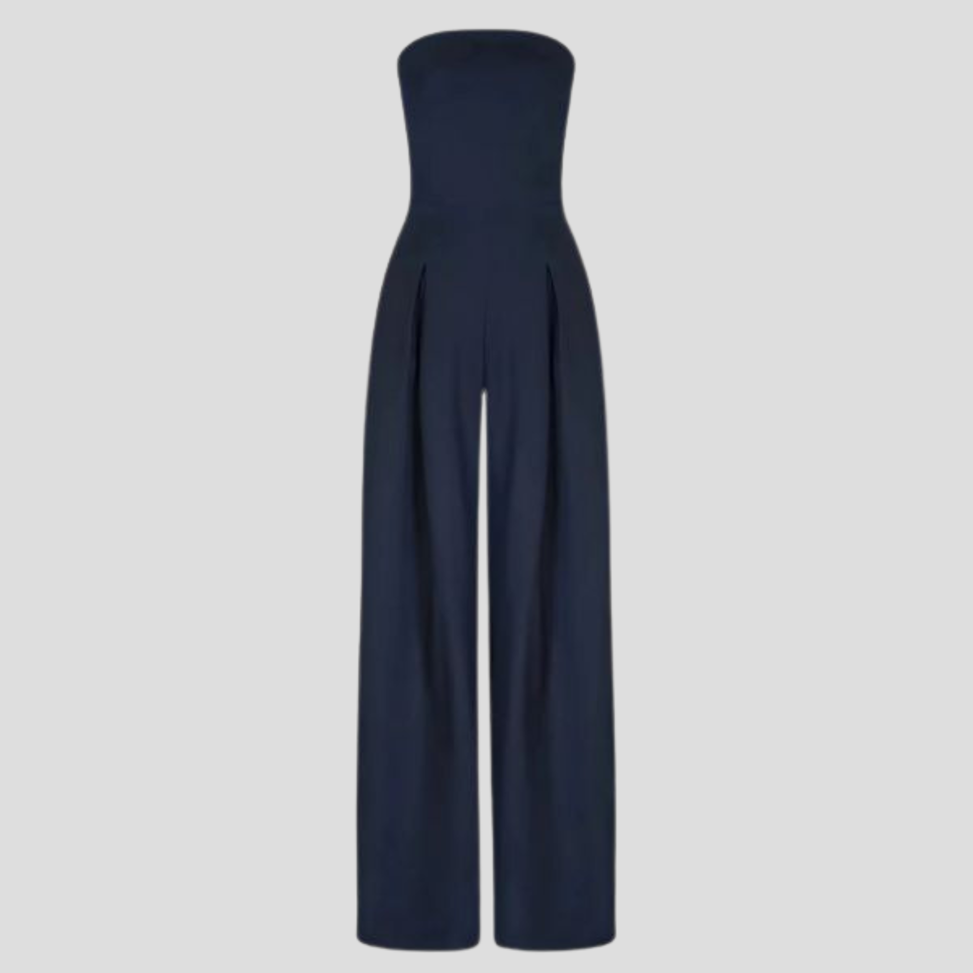 Women's strapless straight-leg jumpsuit shown in black, beige, and navy