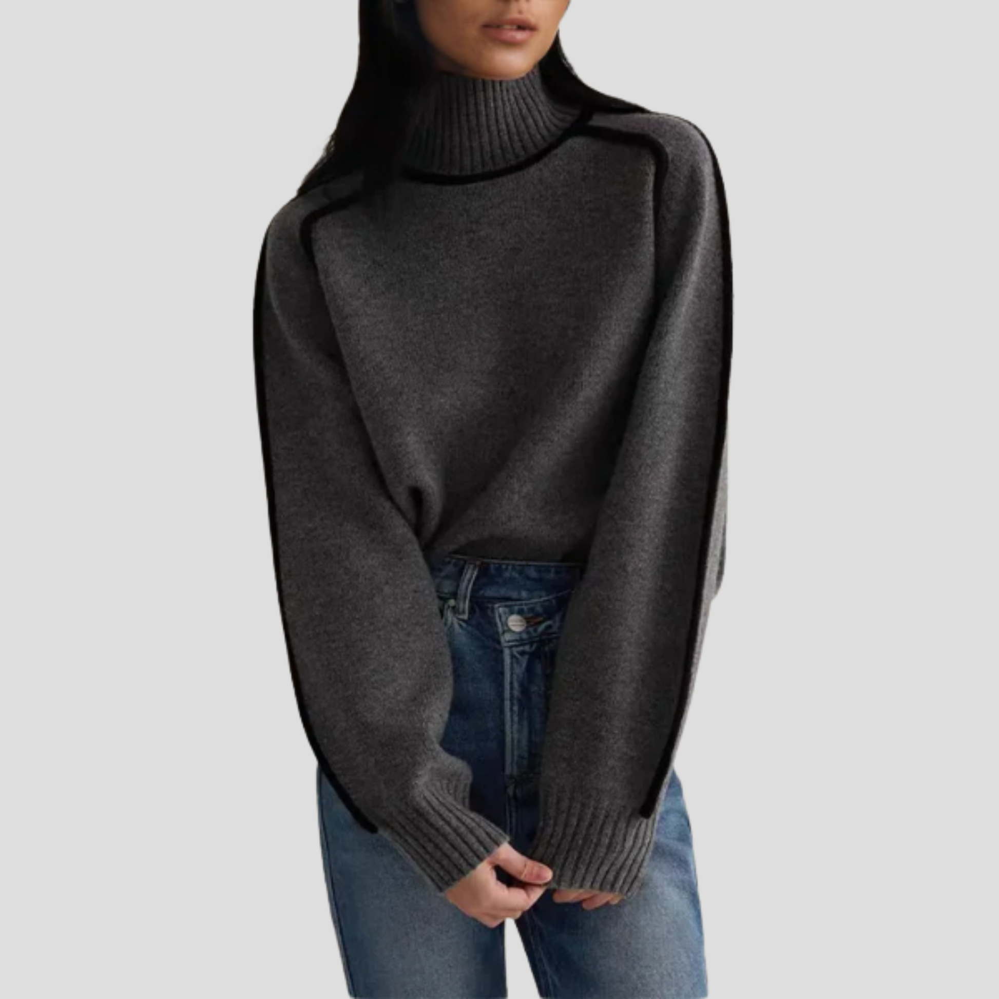 Women's high neck long sleeve sweater with a clean, structured silhouette