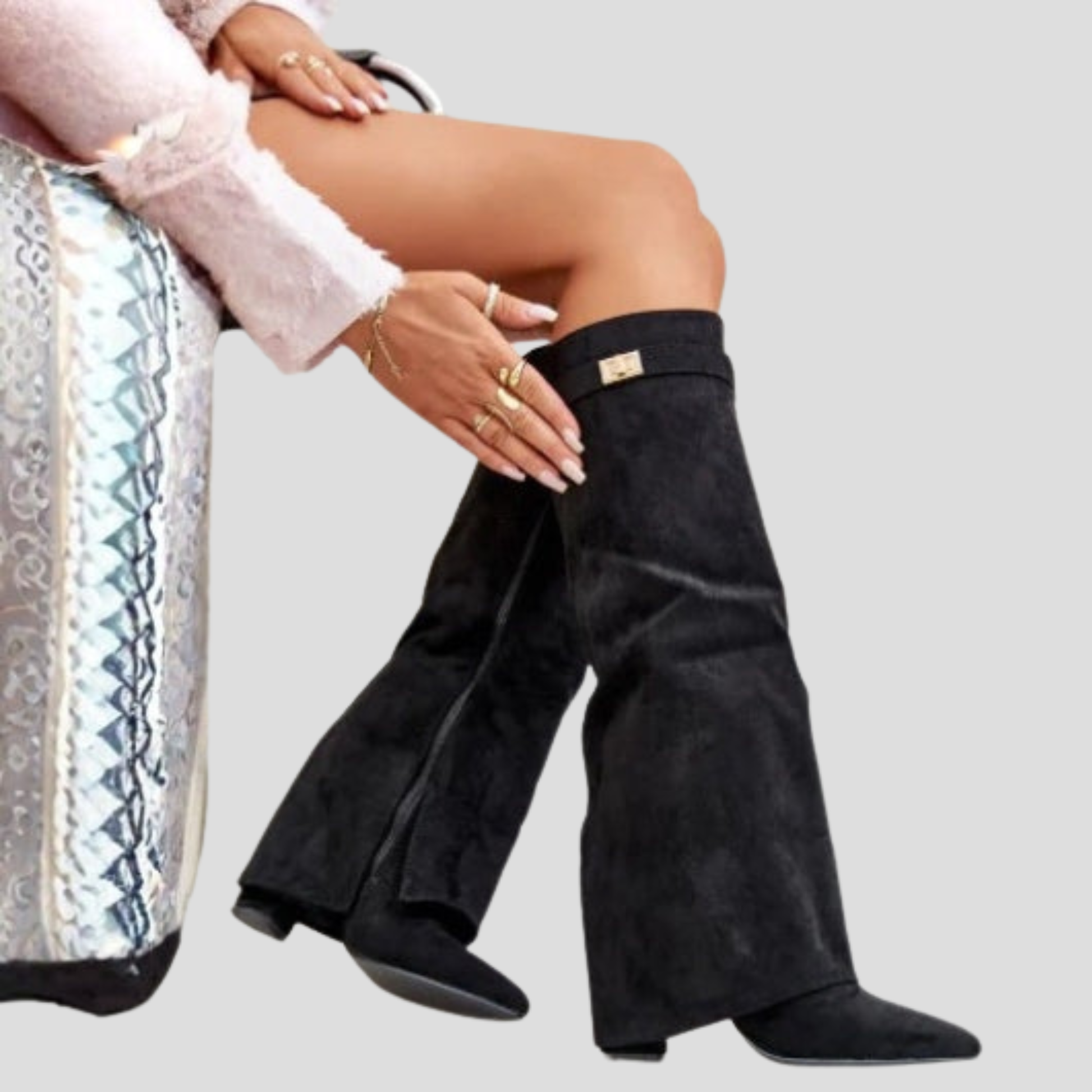 Women's knee-high boots with flared shaft in beige, black, and brown