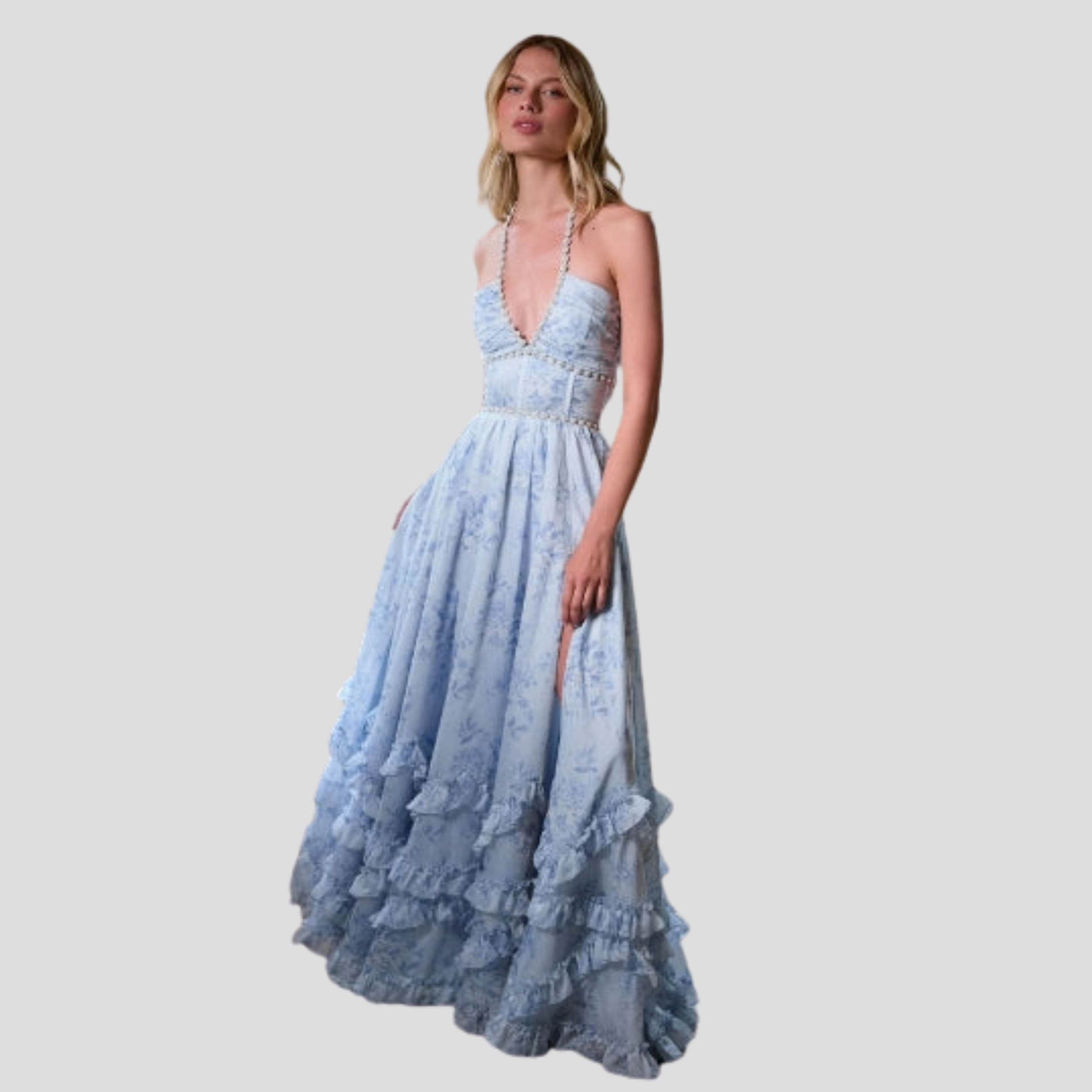 Blue maxi dress with corset bodice and ruffled hem for evening wear