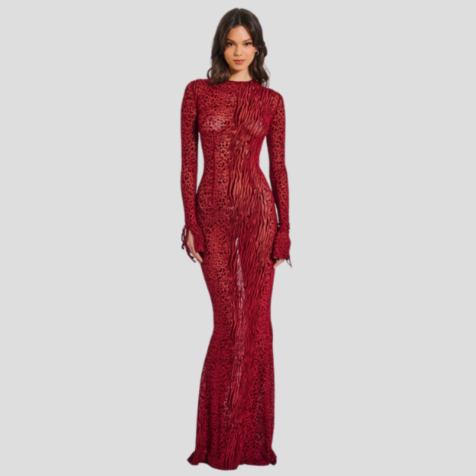 Red long sleeve maxi dress with flared cuff detail and flowing silhouette