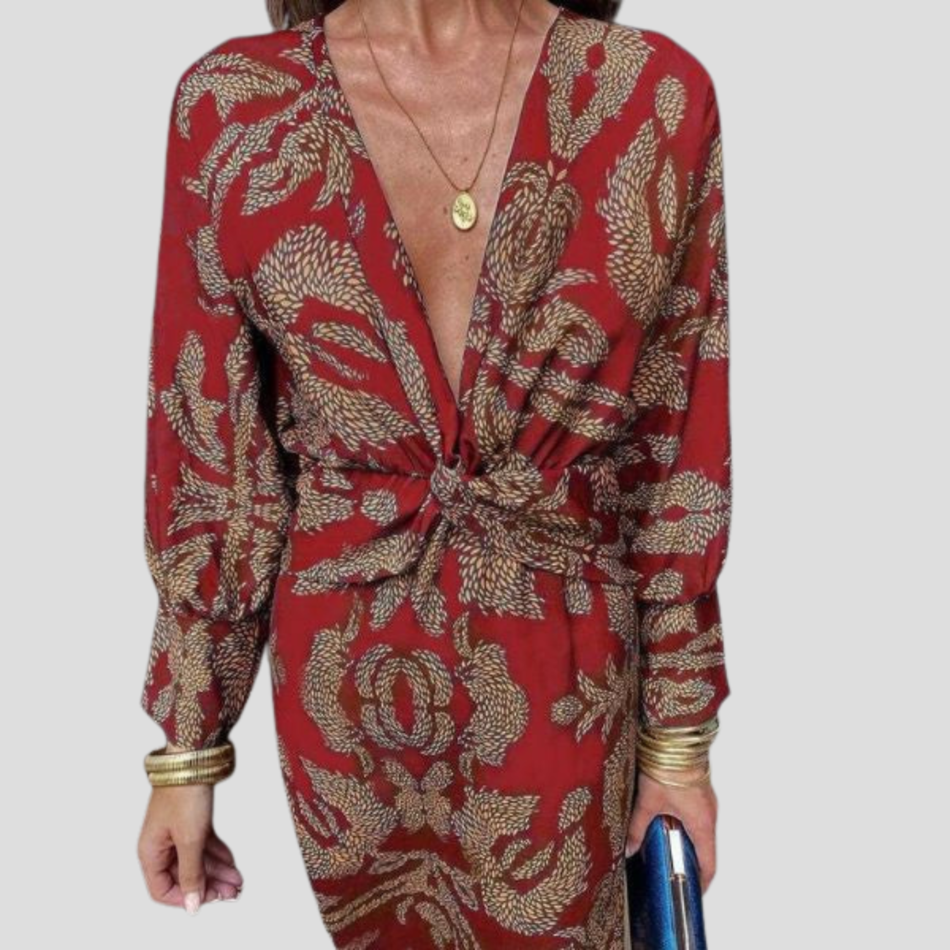 Women's flowing midi dress with defined waist shown in blue, green, red and purple