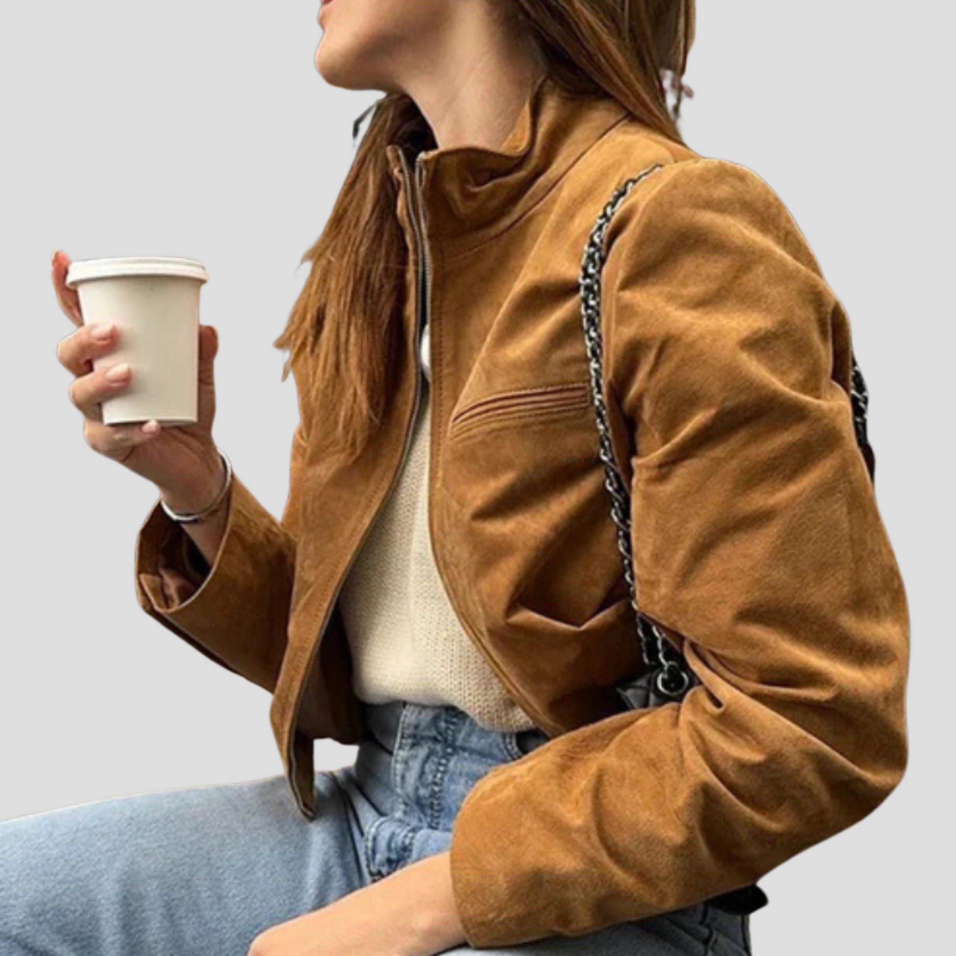 Beige cropped women's jacket with stand collar for everyday wear