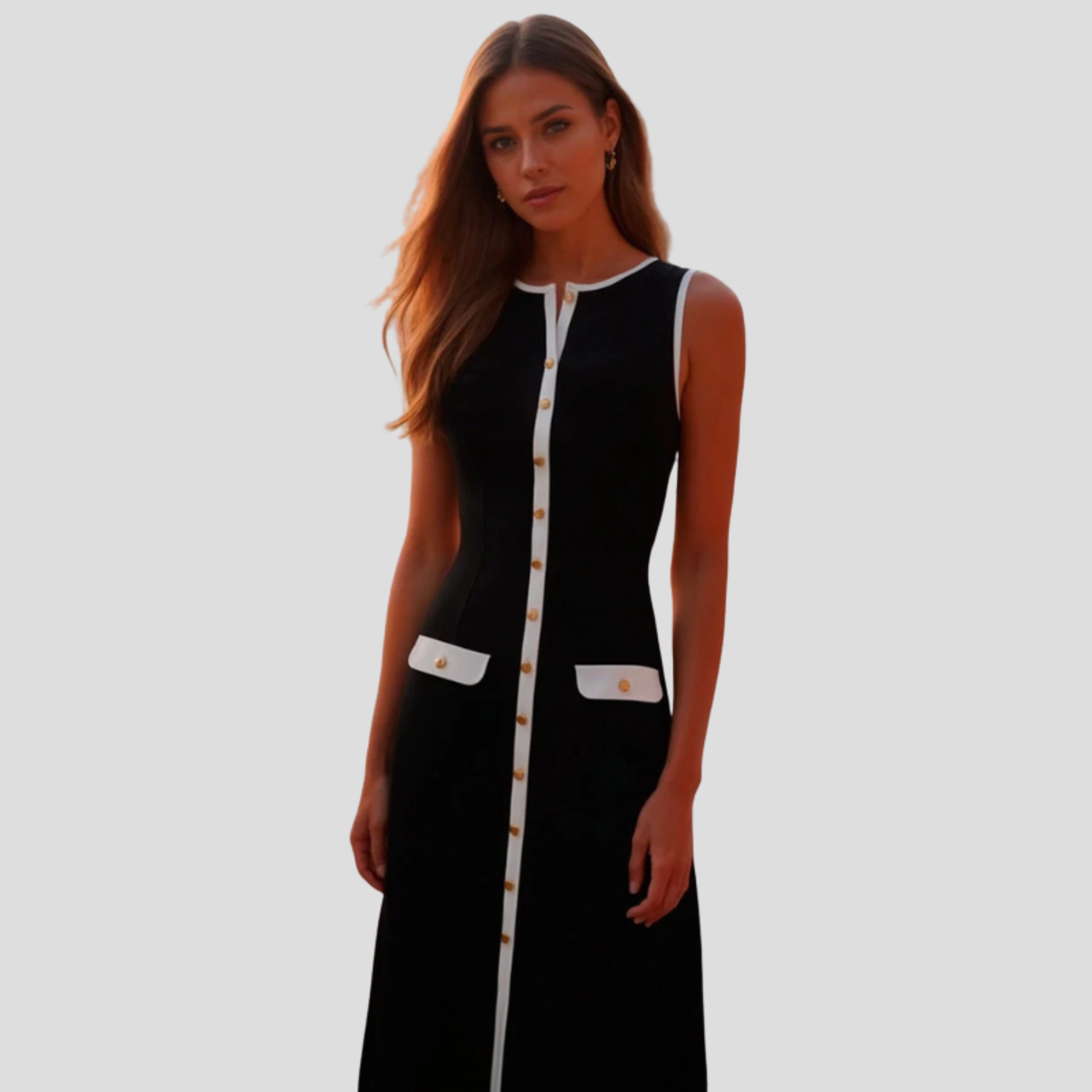Black sleeveless midi dress with contrast trim detail for evening wear