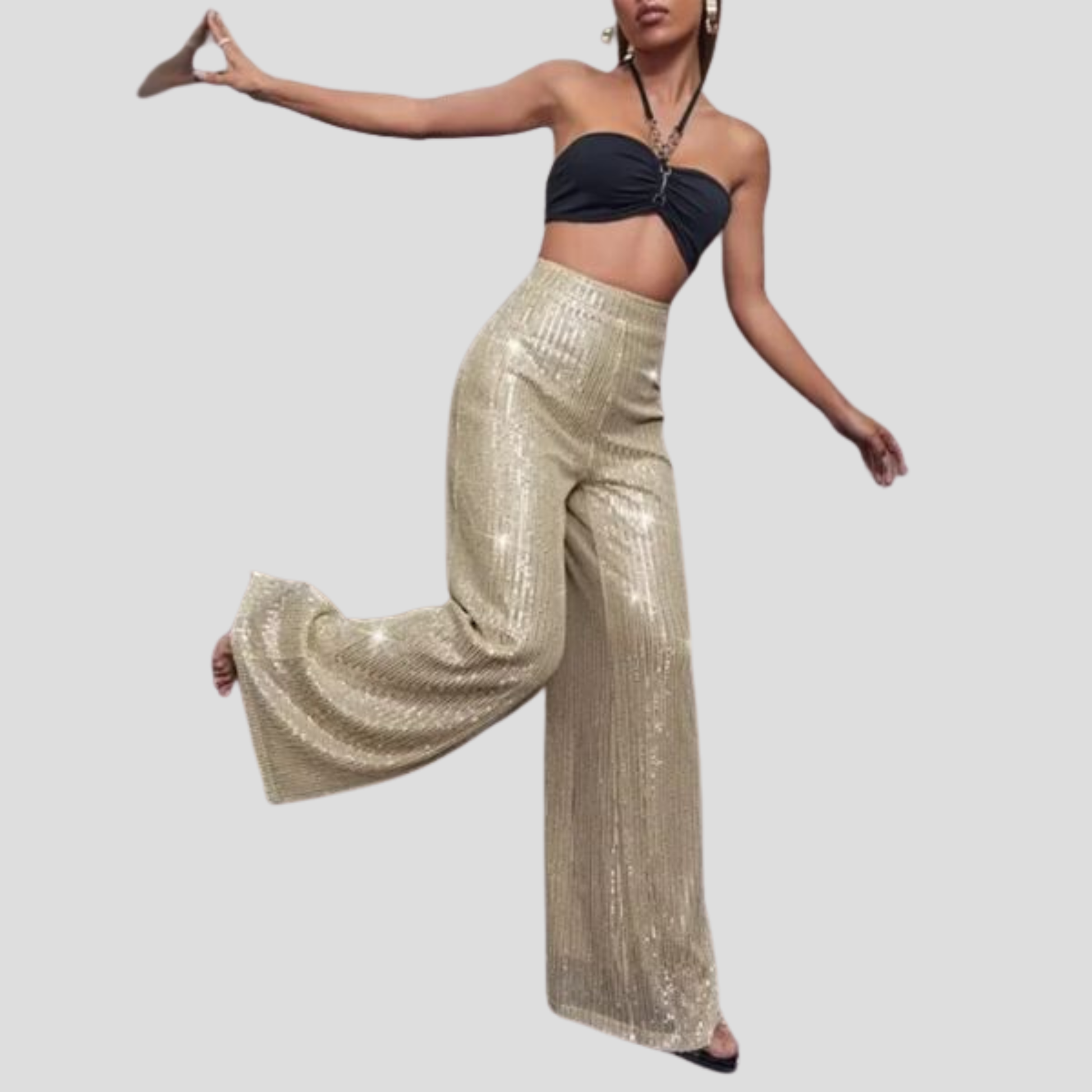 Women's high-waist wide-leg sequin pants in black with shimmering surface detail