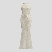 Women's fitted sequin evening gown with halter neckline in gold