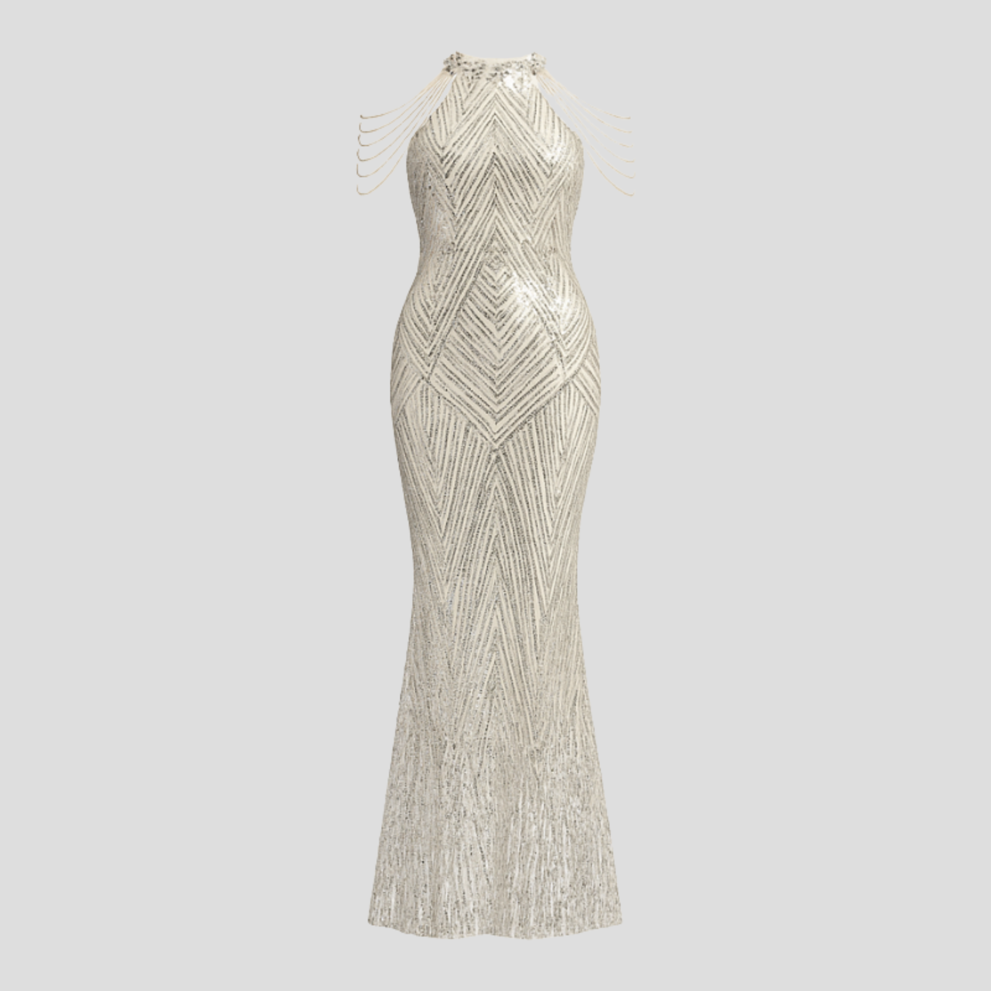 Women's fitted sequin evening gown with halter neckline in gold