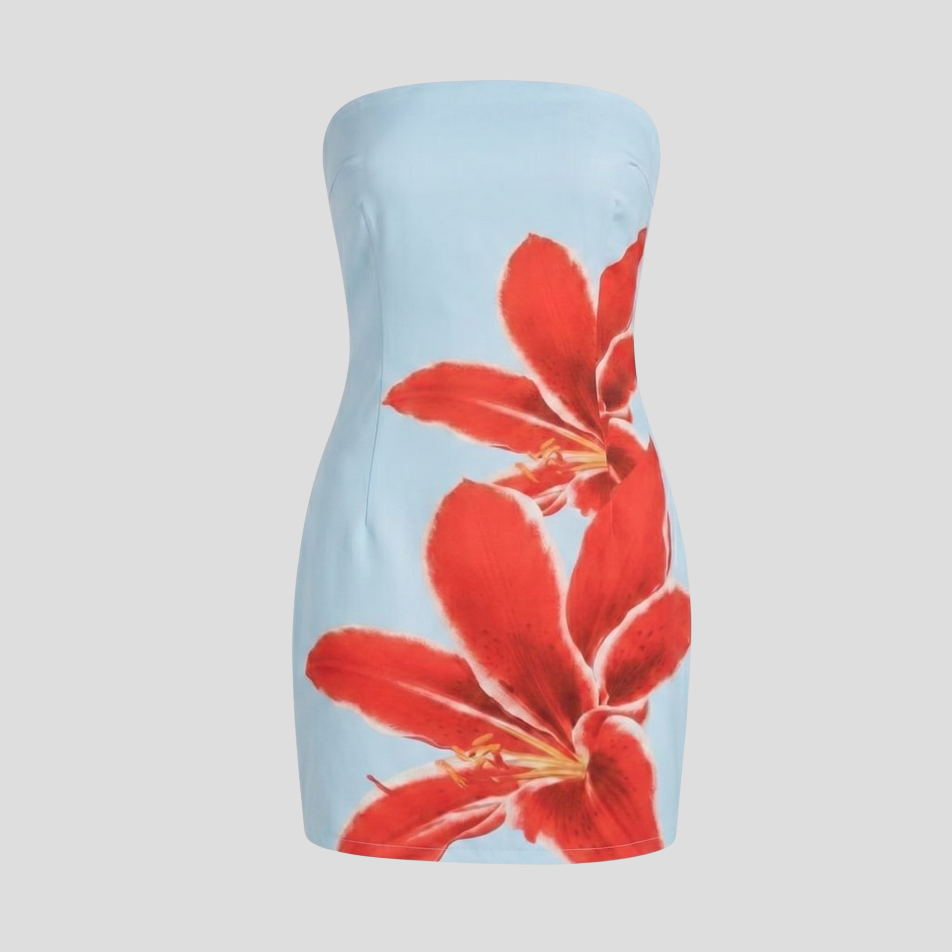 Women's strapless floral mini dress with fitted silhouette in black, blue, and white