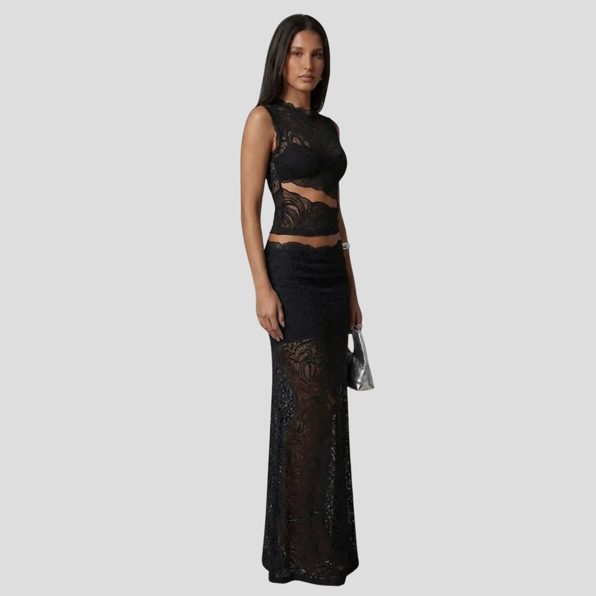 Women's two-piece maxi set with sleeveless cropped top and high-waist skirt in black and red