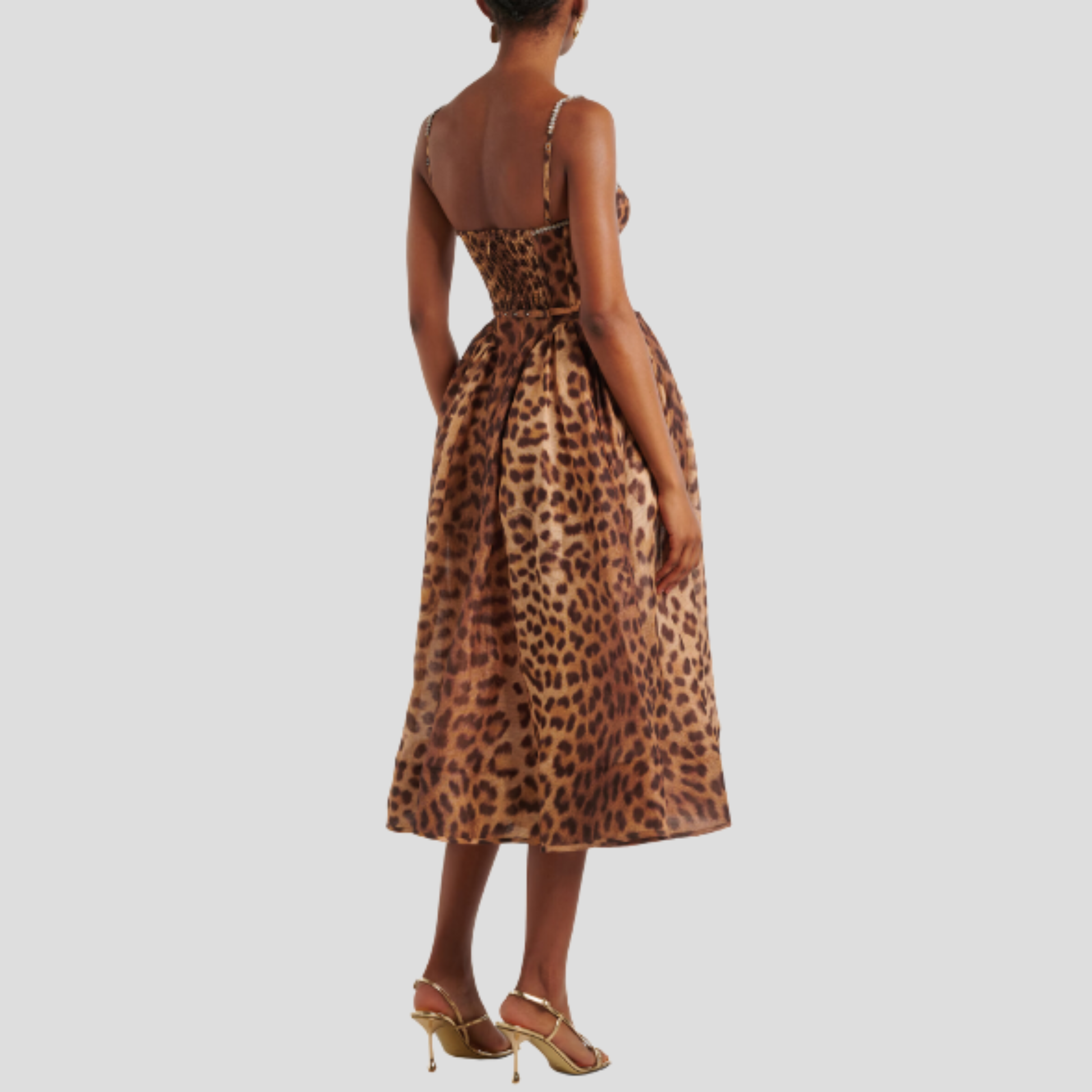 Brown midi dress with corset bodice and defined waist for evening wear