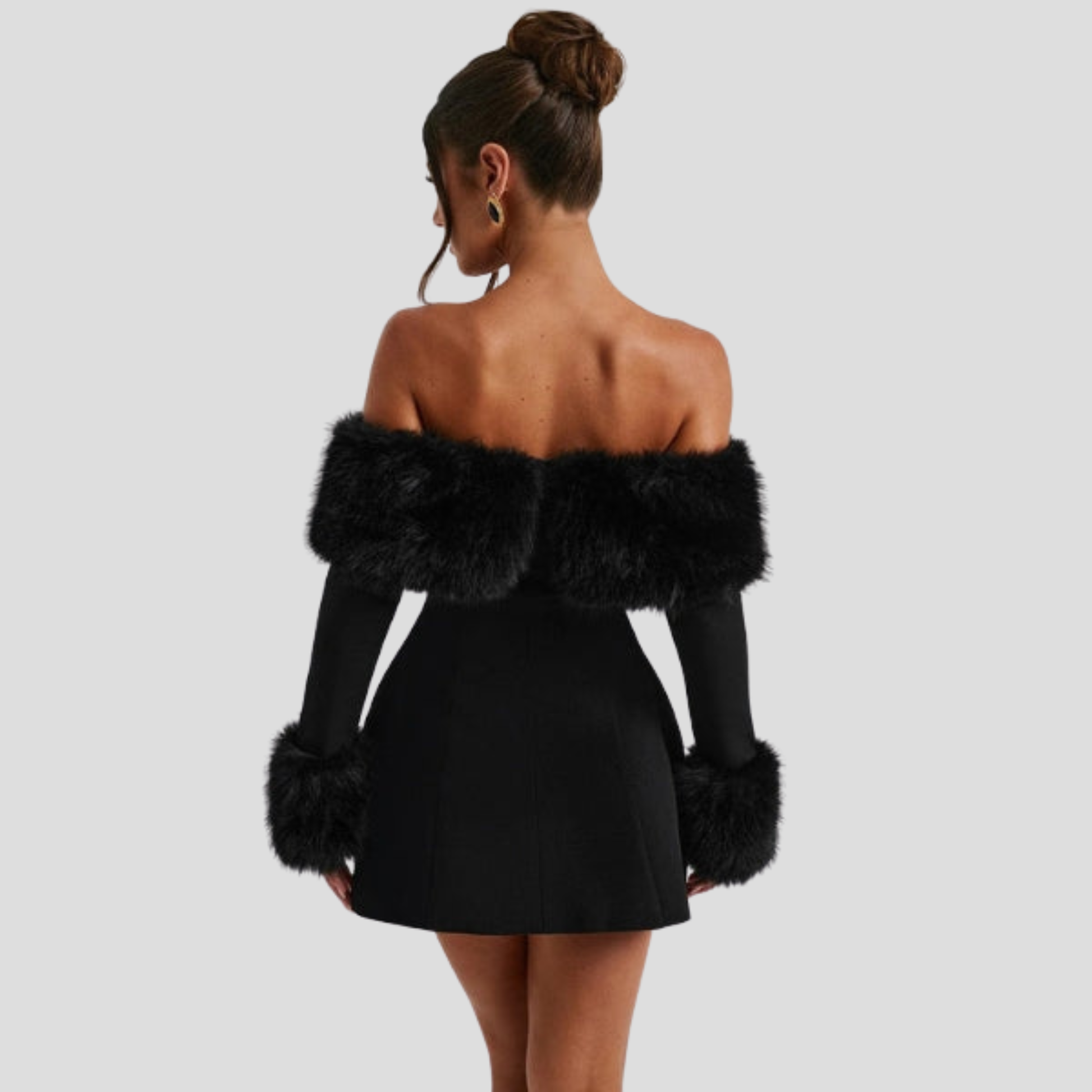 Black off-shoulder mini dress with defined trim silhouette for evening wear