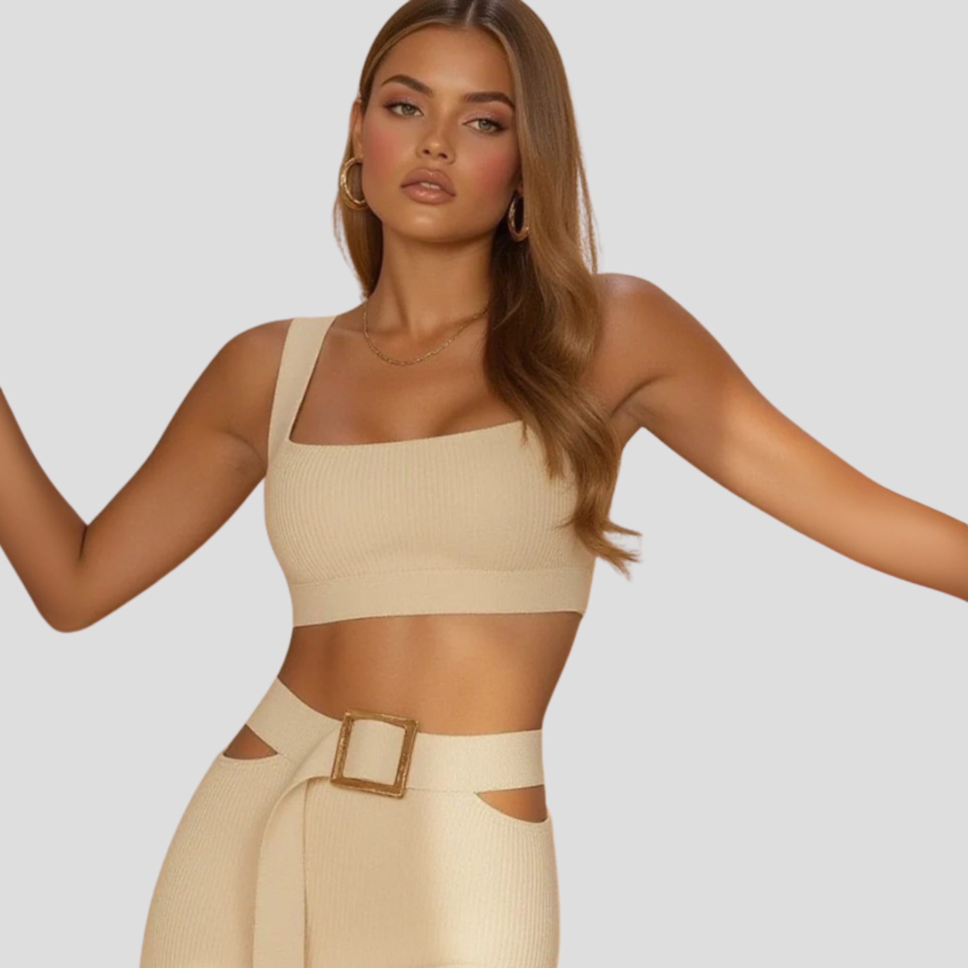 White women's two-piece set with wide-strap top and high-waist skirt for occasion wear