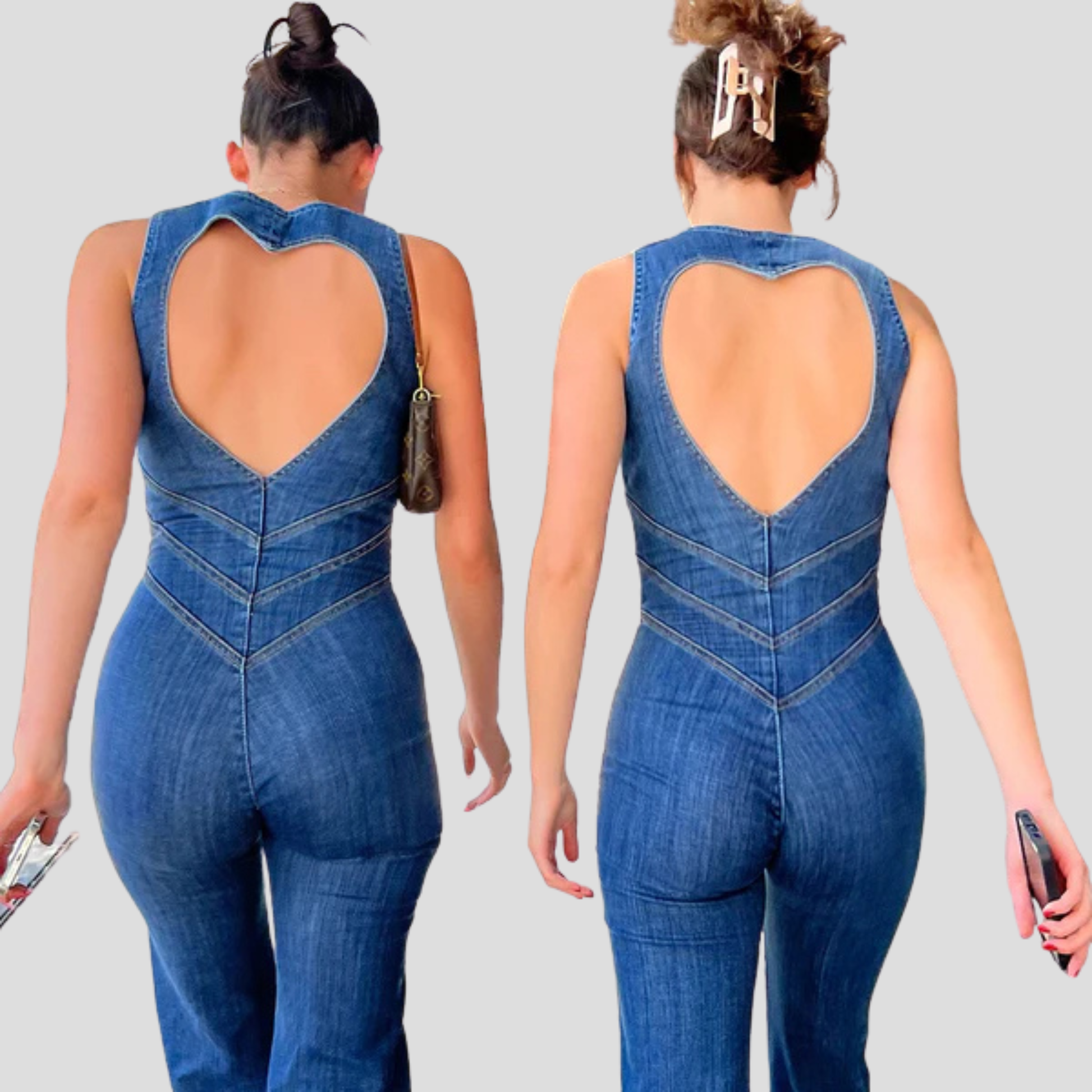 Blue women's jumpsuit with plunge neckline and open cutout back silhouette