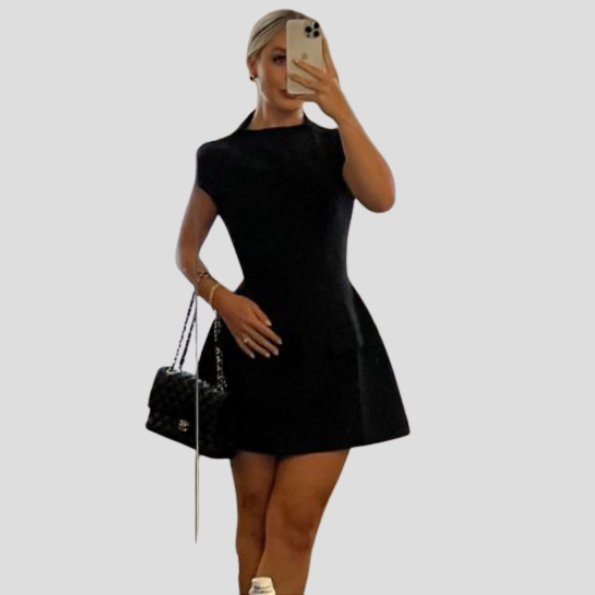Women's cap sleeve mini dress with structured pocket flap detailing in black