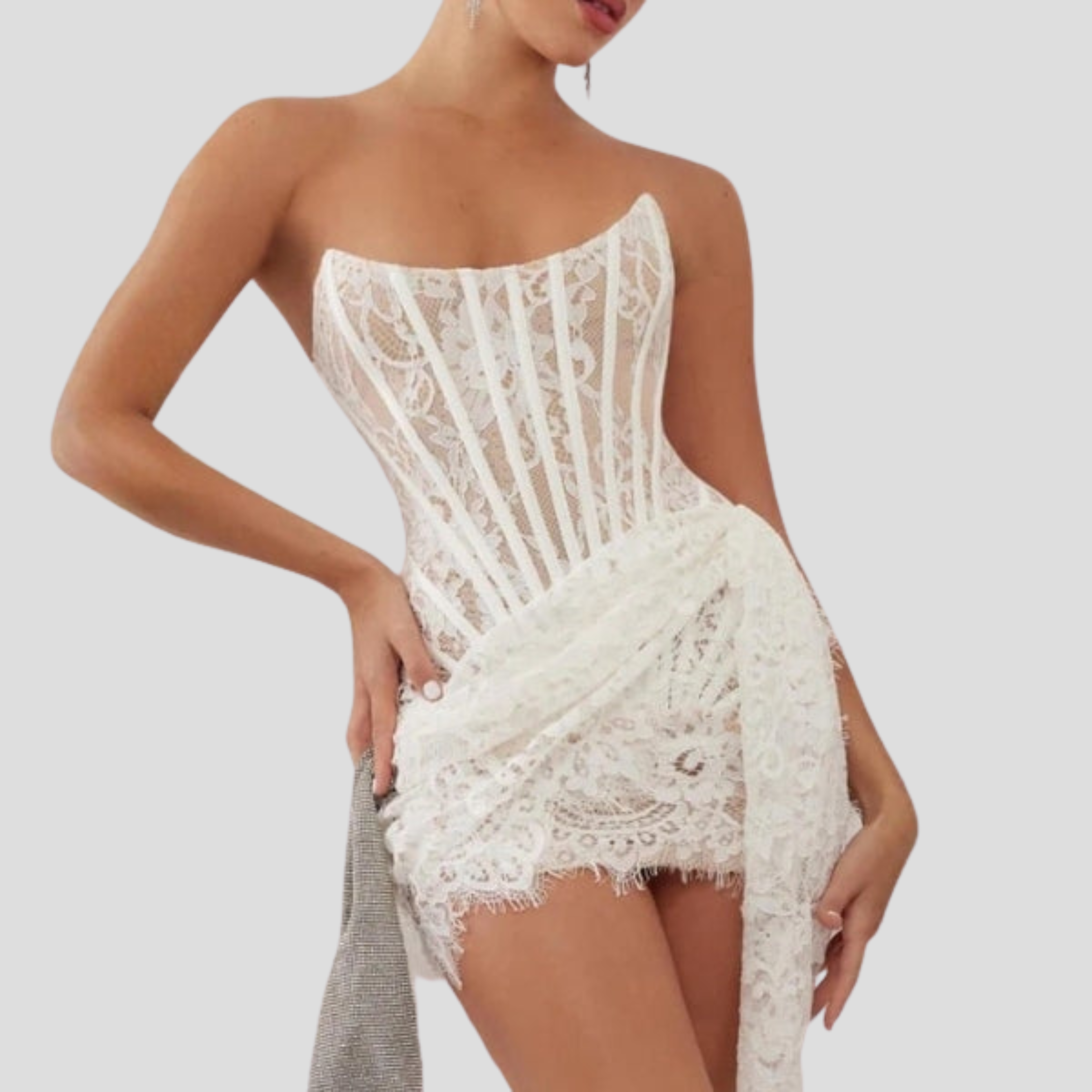 Strapless corset mini dress with boned bodice and asymmetrical lace detail
