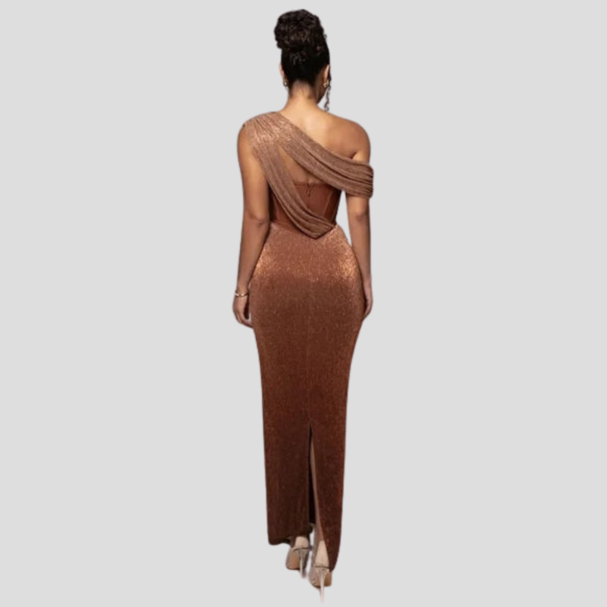 Woman wearing a one-shoulder draped floor-length maxi evening dress