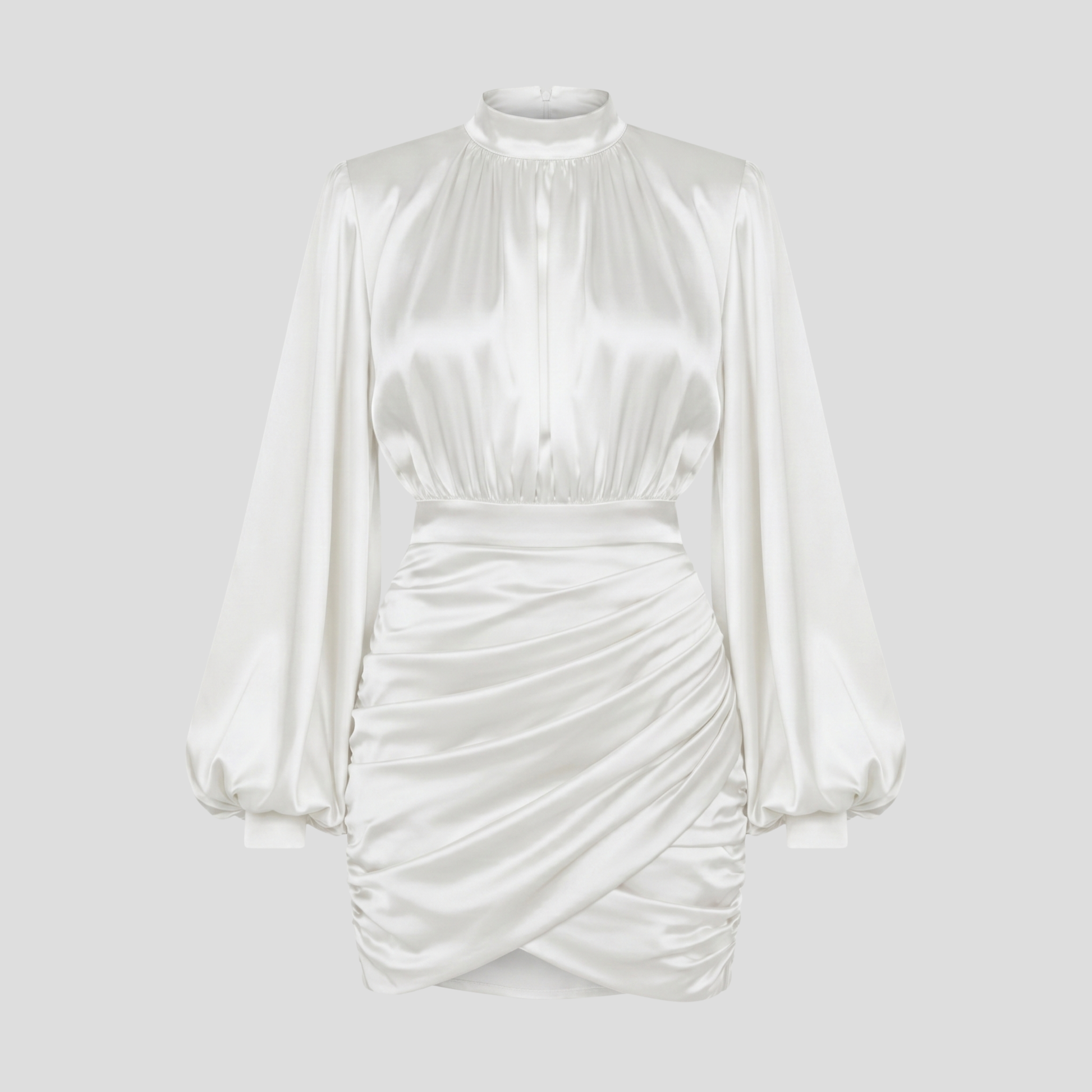 Women's high neckline ruched mini dress with balloon sleeves in black and white