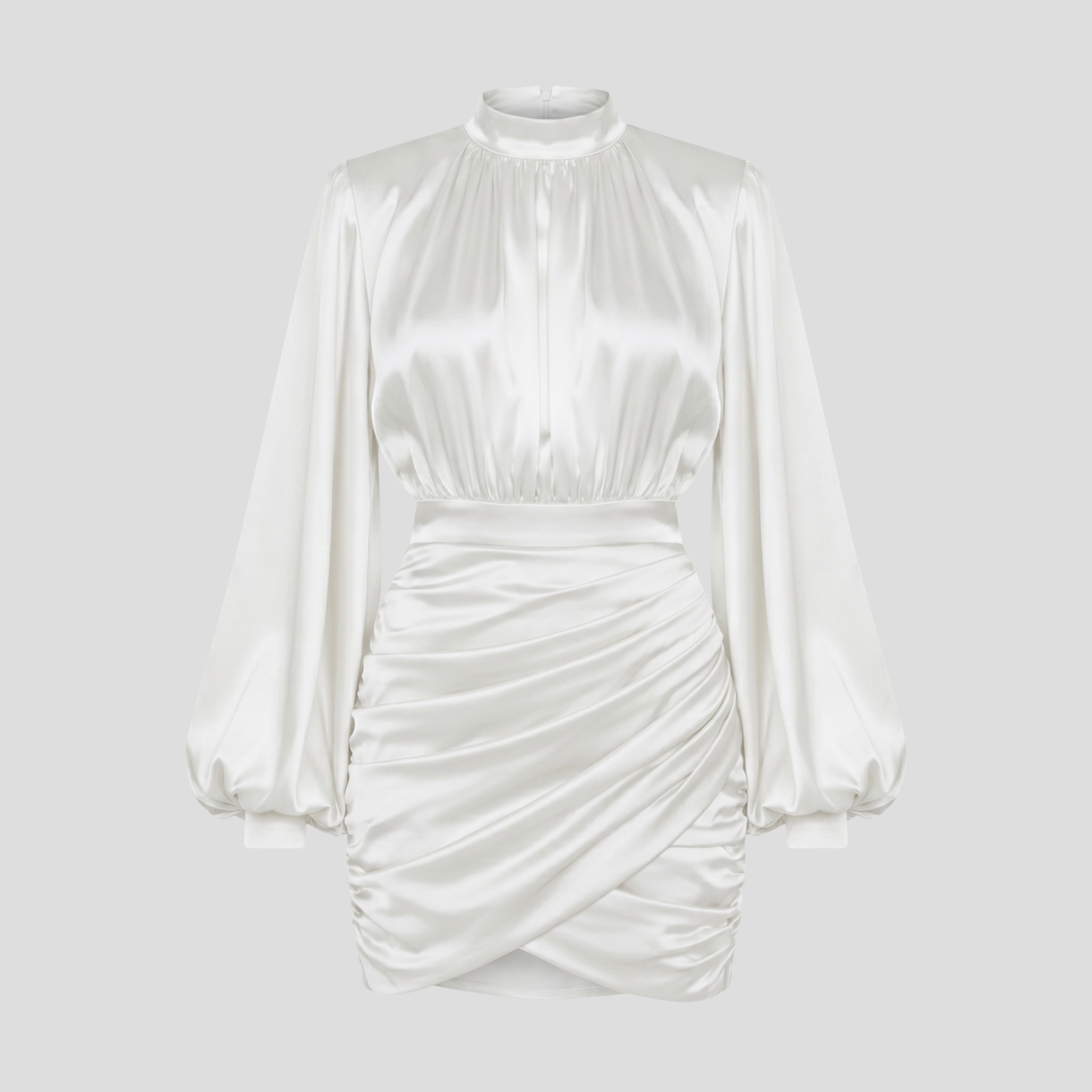 Women's high neckline ruched mini dress with balloon sleeves in black and white