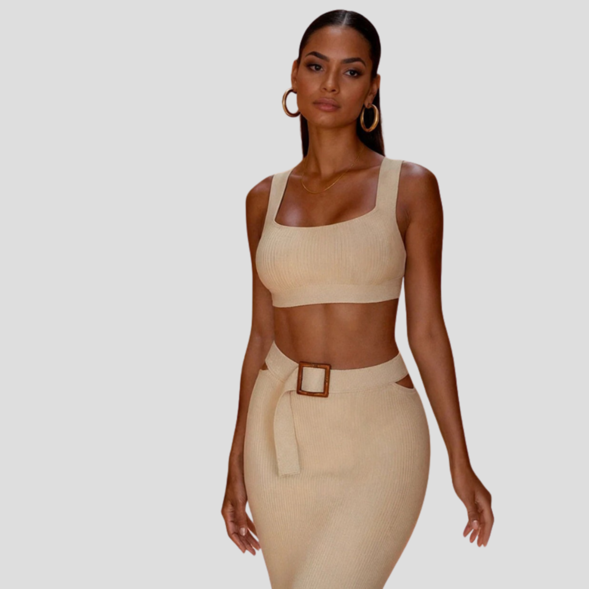 White women's two-piece set with wide-strap top and high-waist skirt for occasion wear