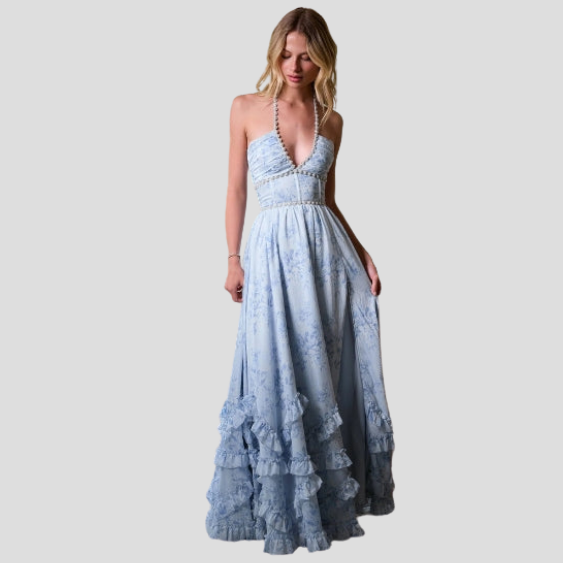 Blue maxi dress with corset bodice and ruffled hem for evening wear