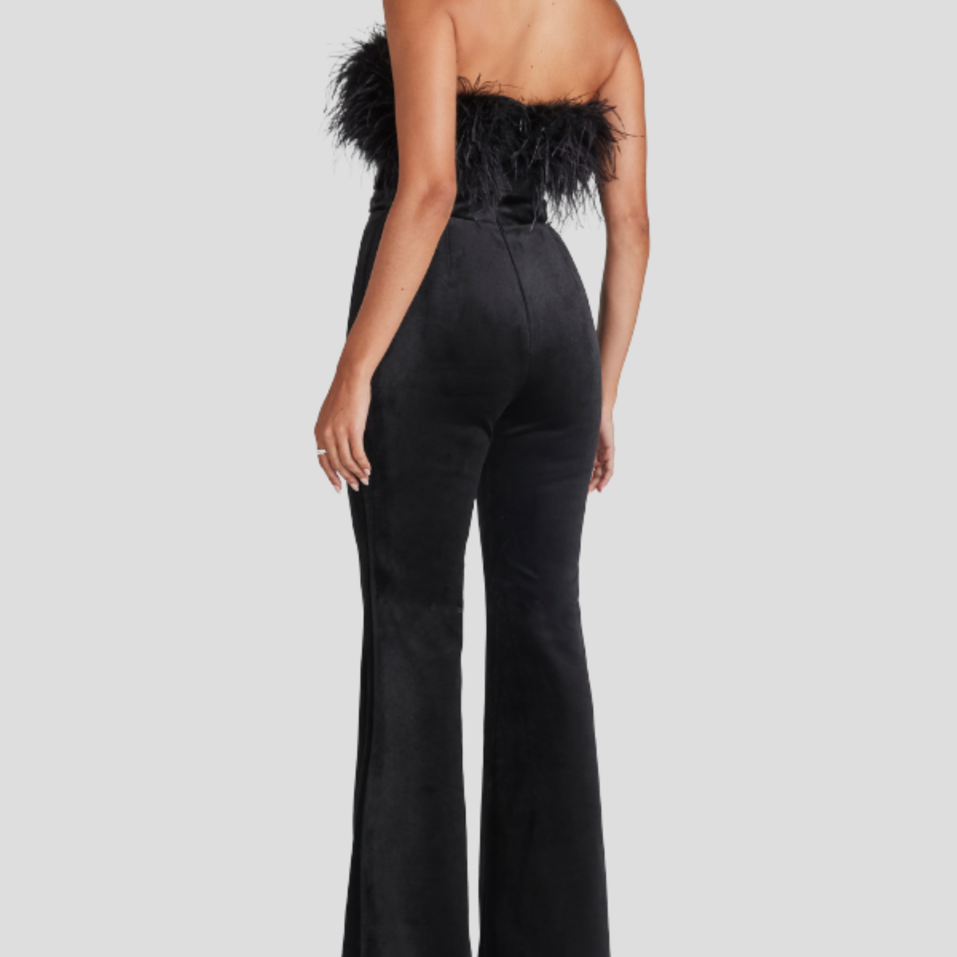 Women's strapless jumpsuit with feather-trim detail in white and black