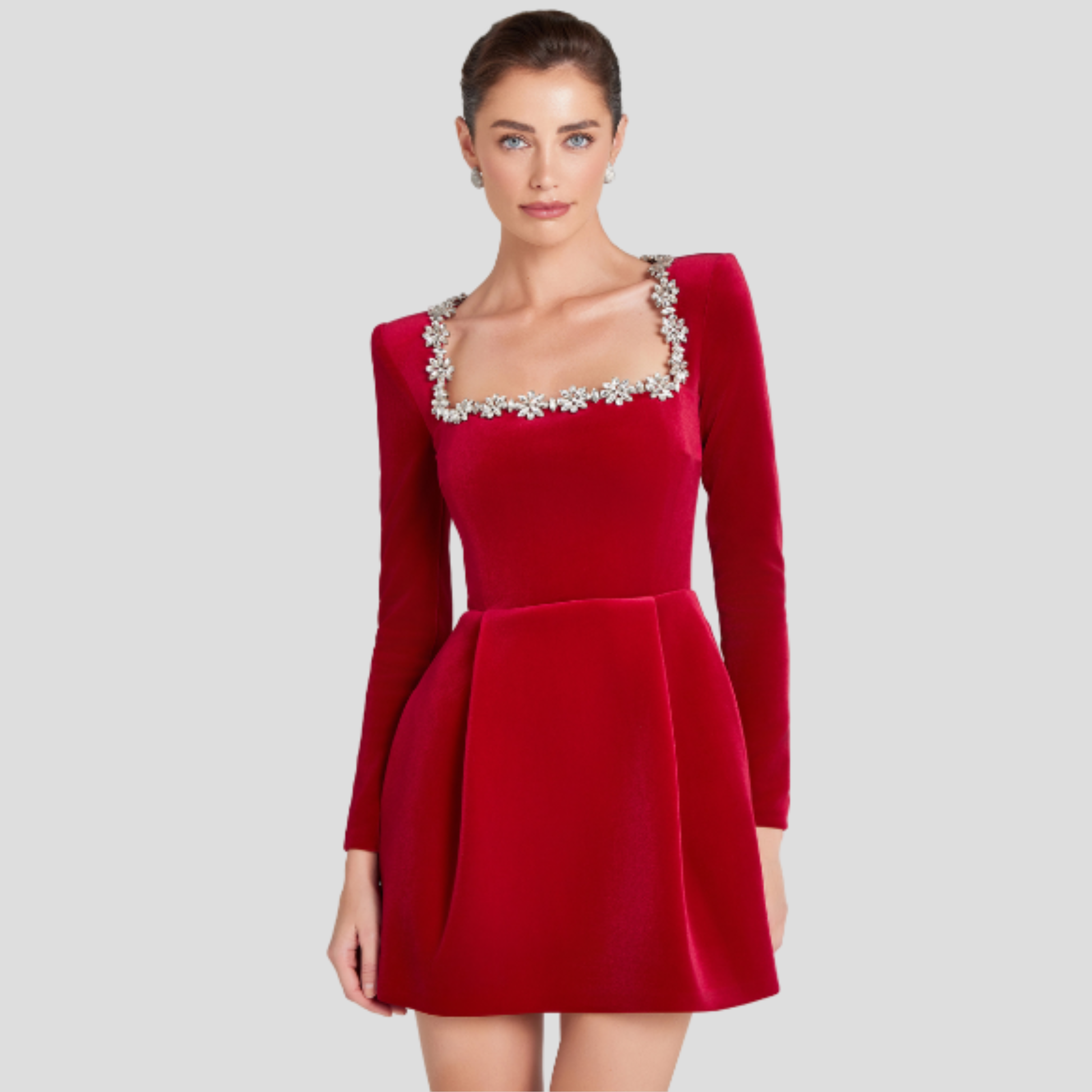 Women's structured cocktail dress with square neckline and embellished detailing in black