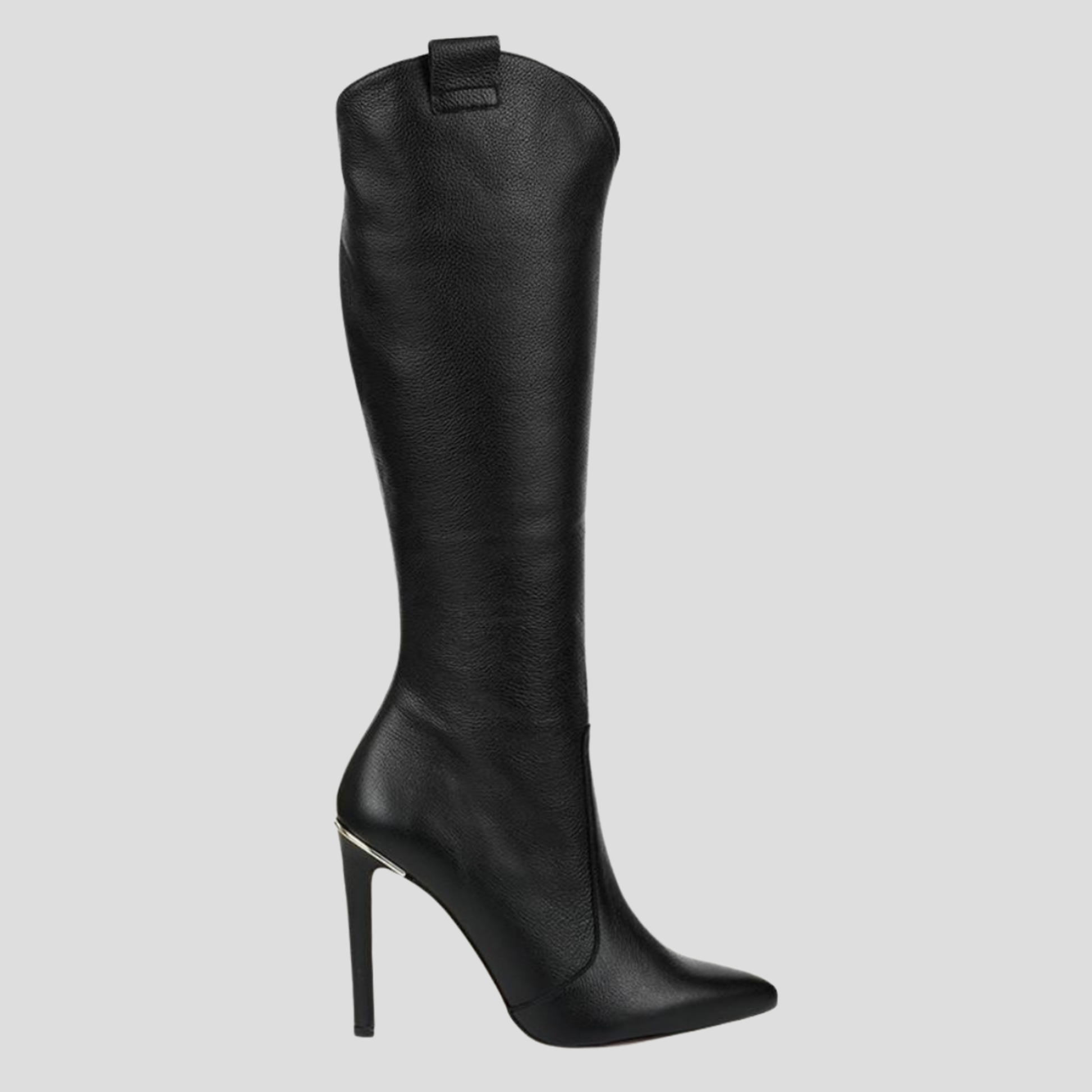 Knee-high pointed-toe women's boots with a slim heel and clean vertical silhouette