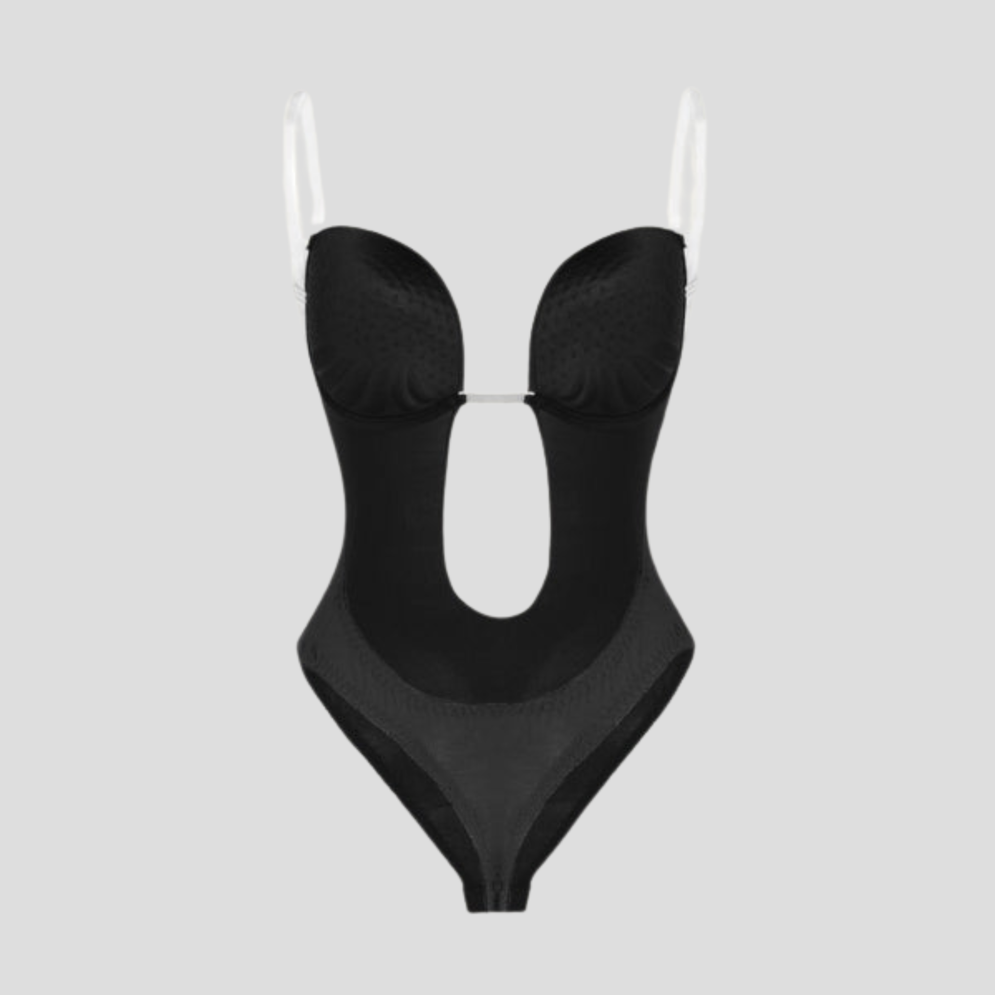 Women's plunge front underwire bodysuit in black with a structured, streamlined silhouette