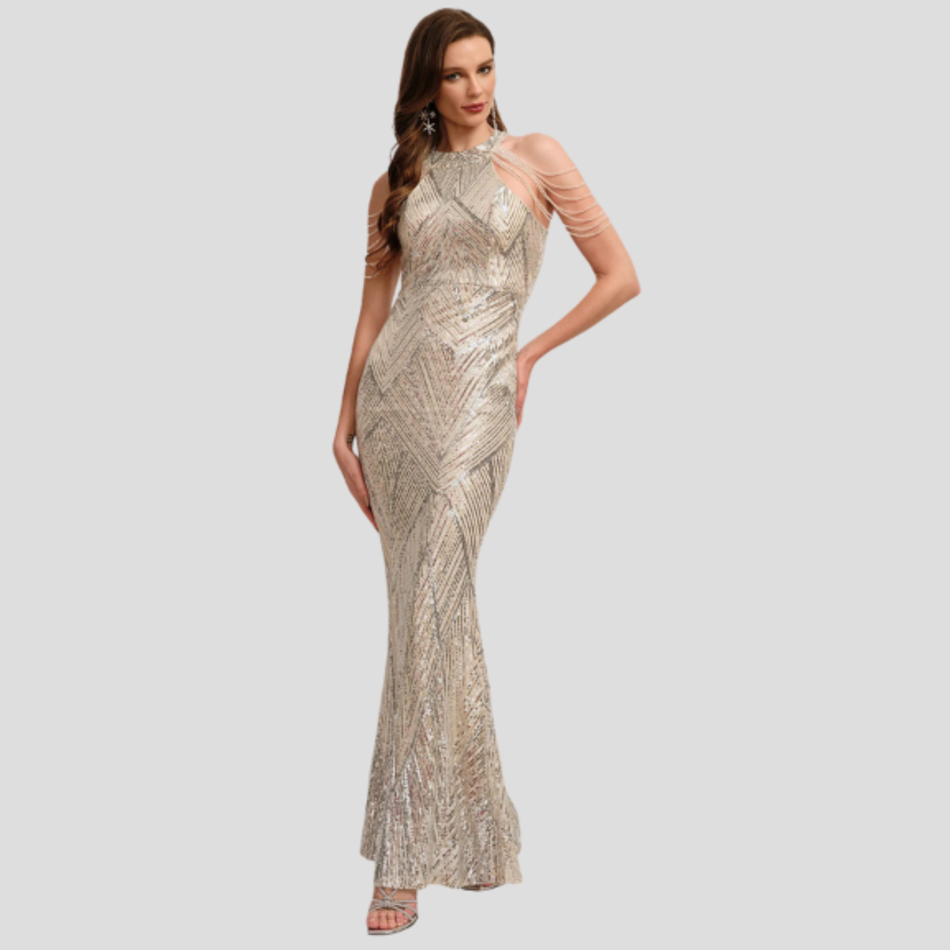 Women's fitted sequin evening gown with halter neckline in gold