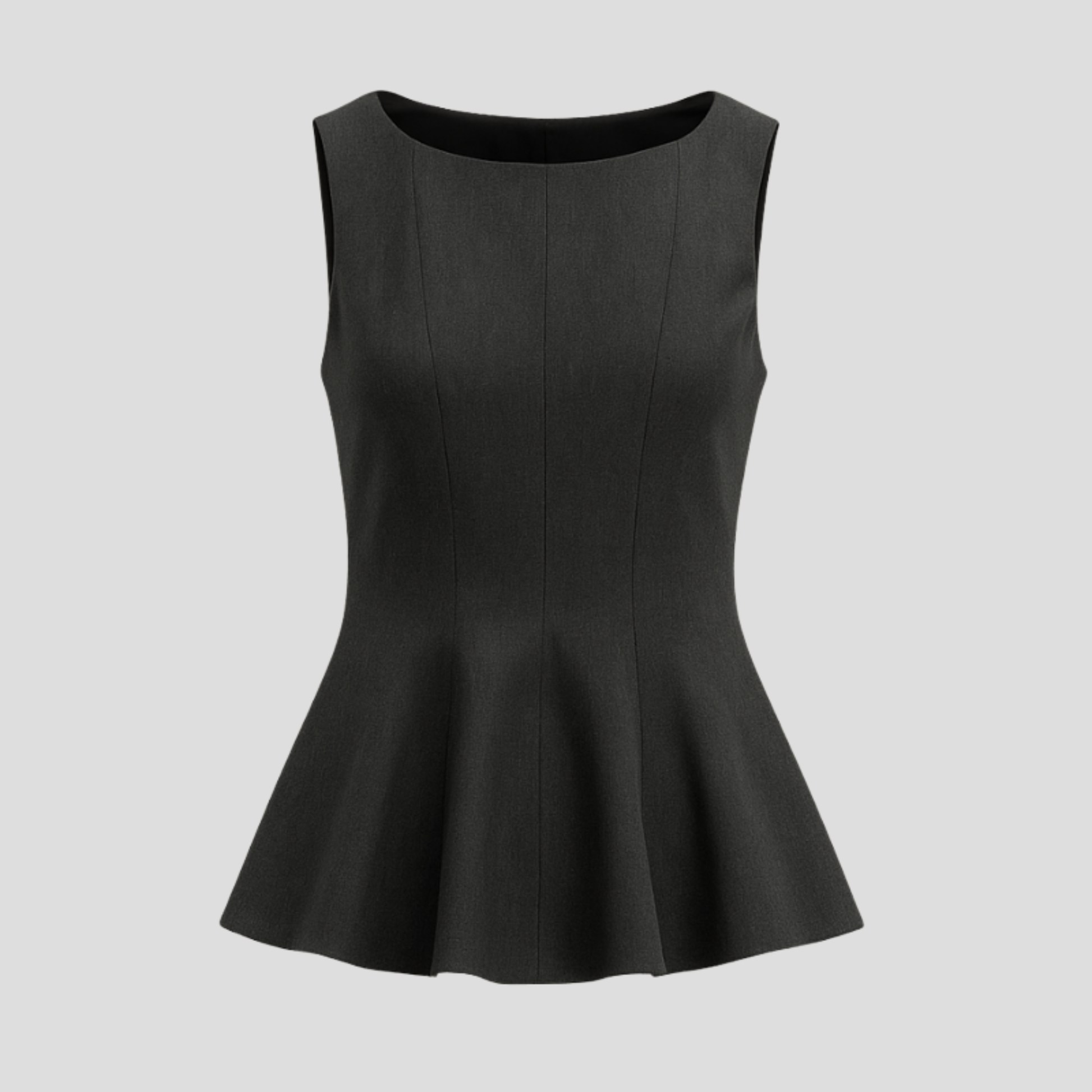 Black high-neckline peplum top with fitted bodice and defined waistline for occasion wear