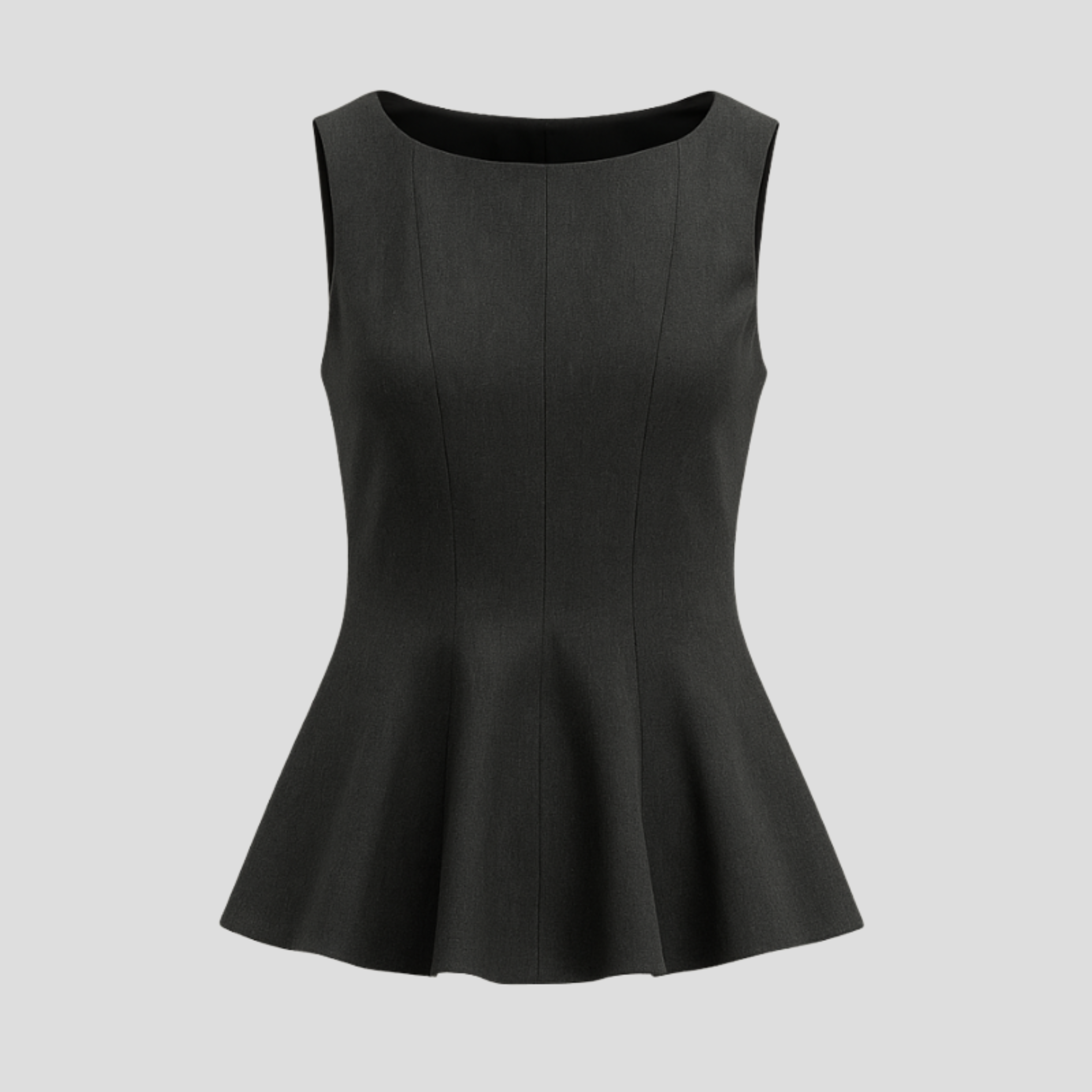 Black high-neckline peplum top with fitted bodice and defined waistline for occasion wear