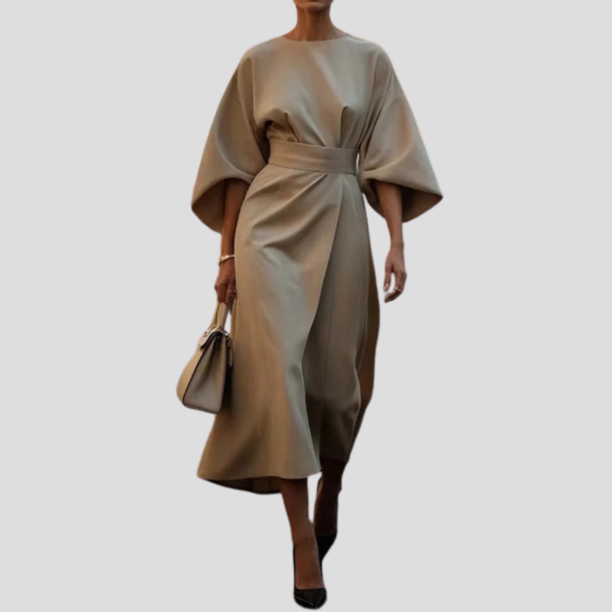 Women's belted floor-length maxi dress with a flowing skirt and defined waist