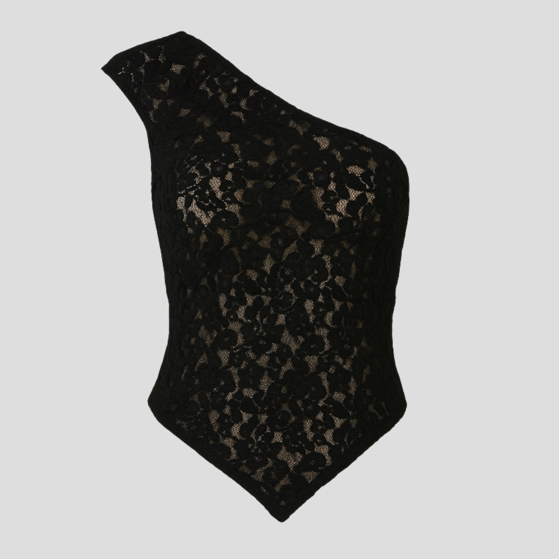 Women's one-shoulder floral lace occasion top shown in multiple colors