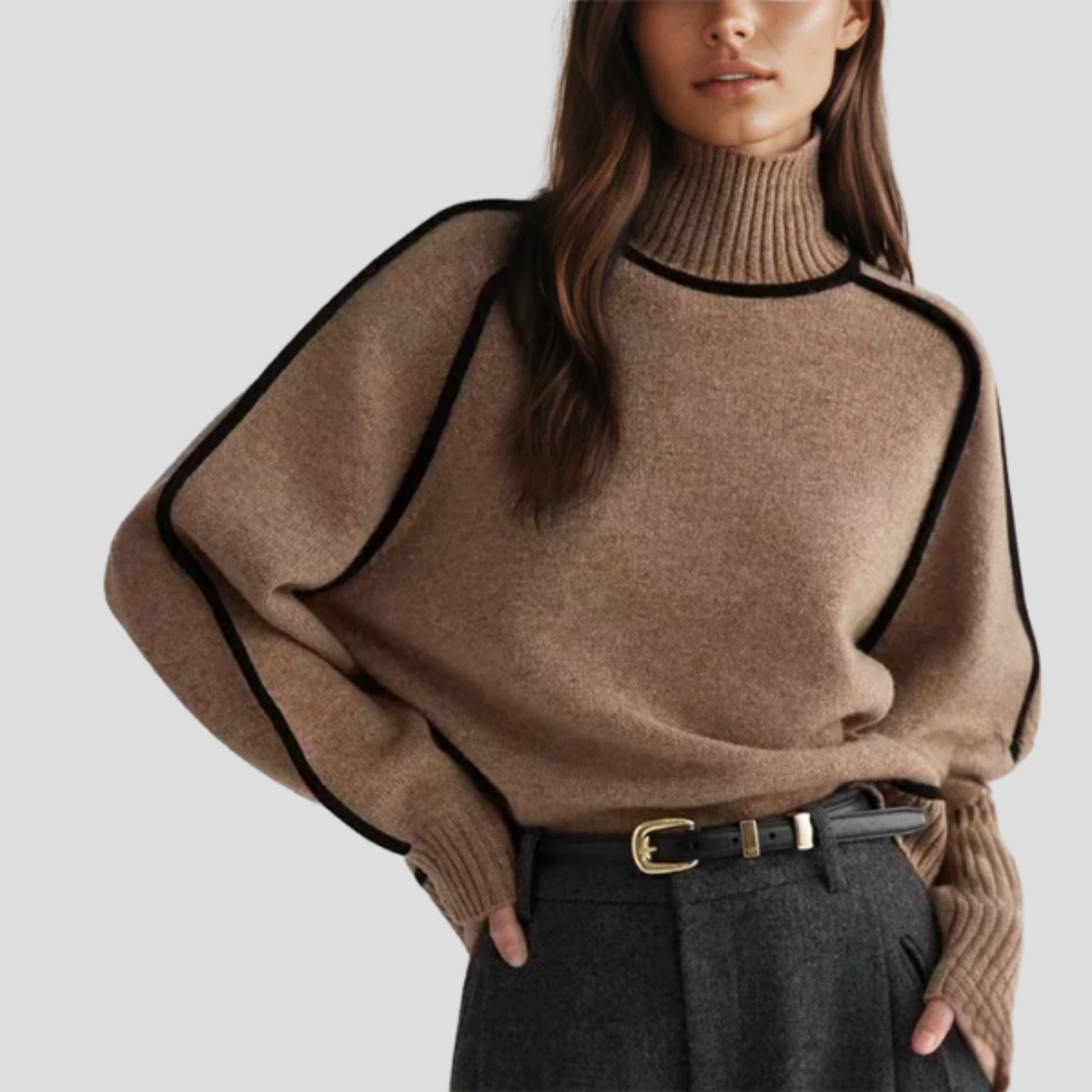 Women's high neck long sleeve sweater with a clean, structured silhouette