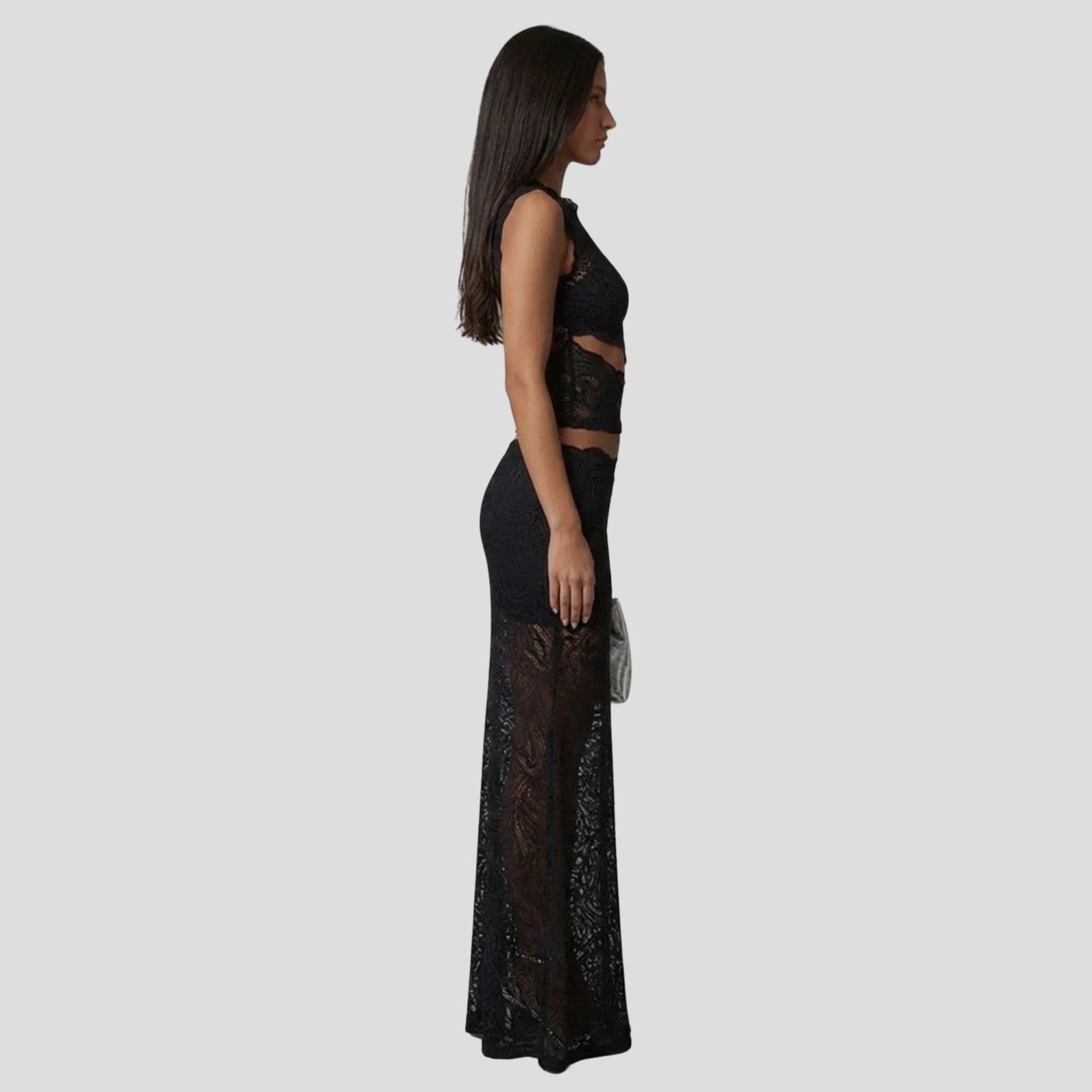 Women's two-piece maxi set with sleeveless cropped top and high-waist skirt in black and red
