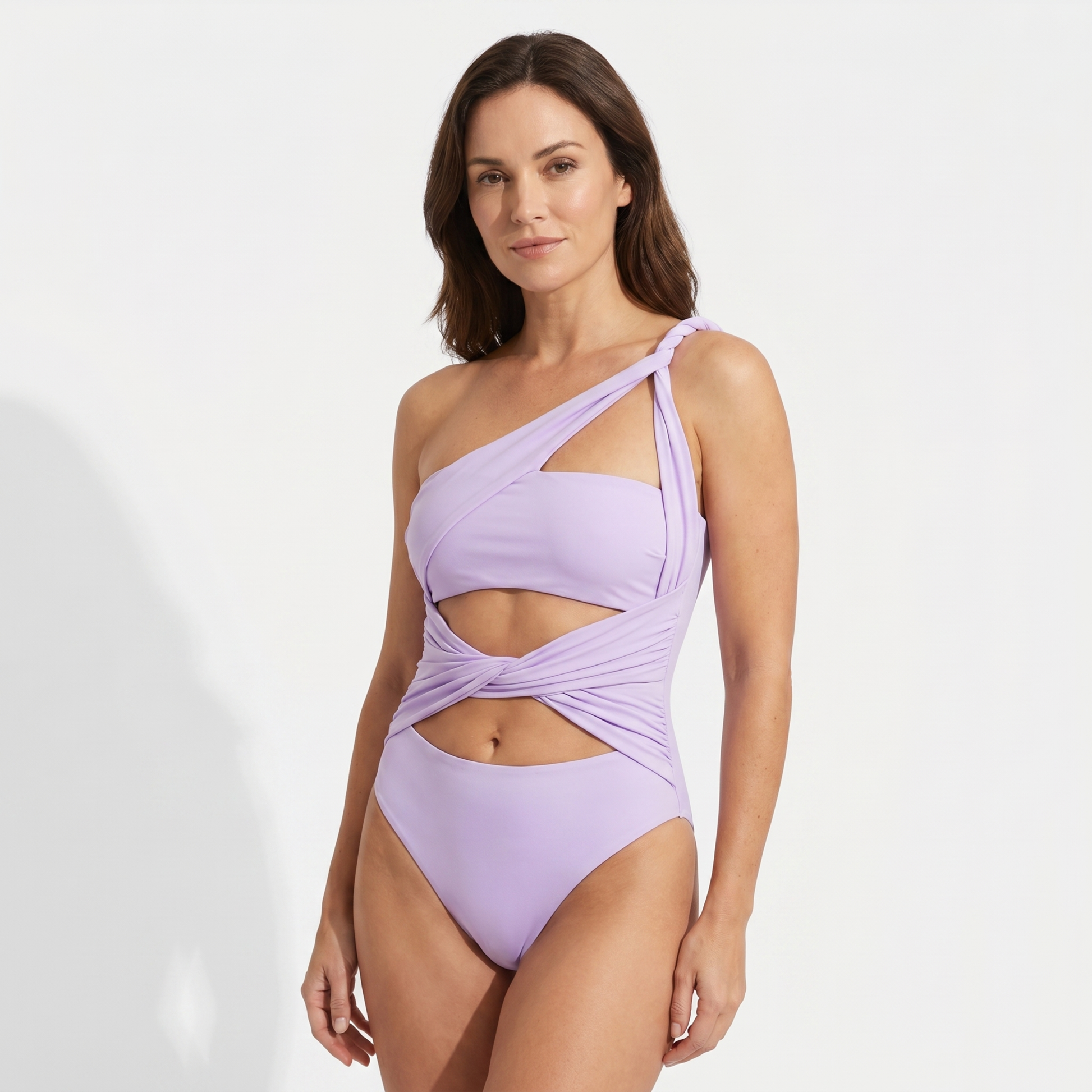 Women's one-shoulder one-piece swimsuit with wrap-around straps and cut-out detailing