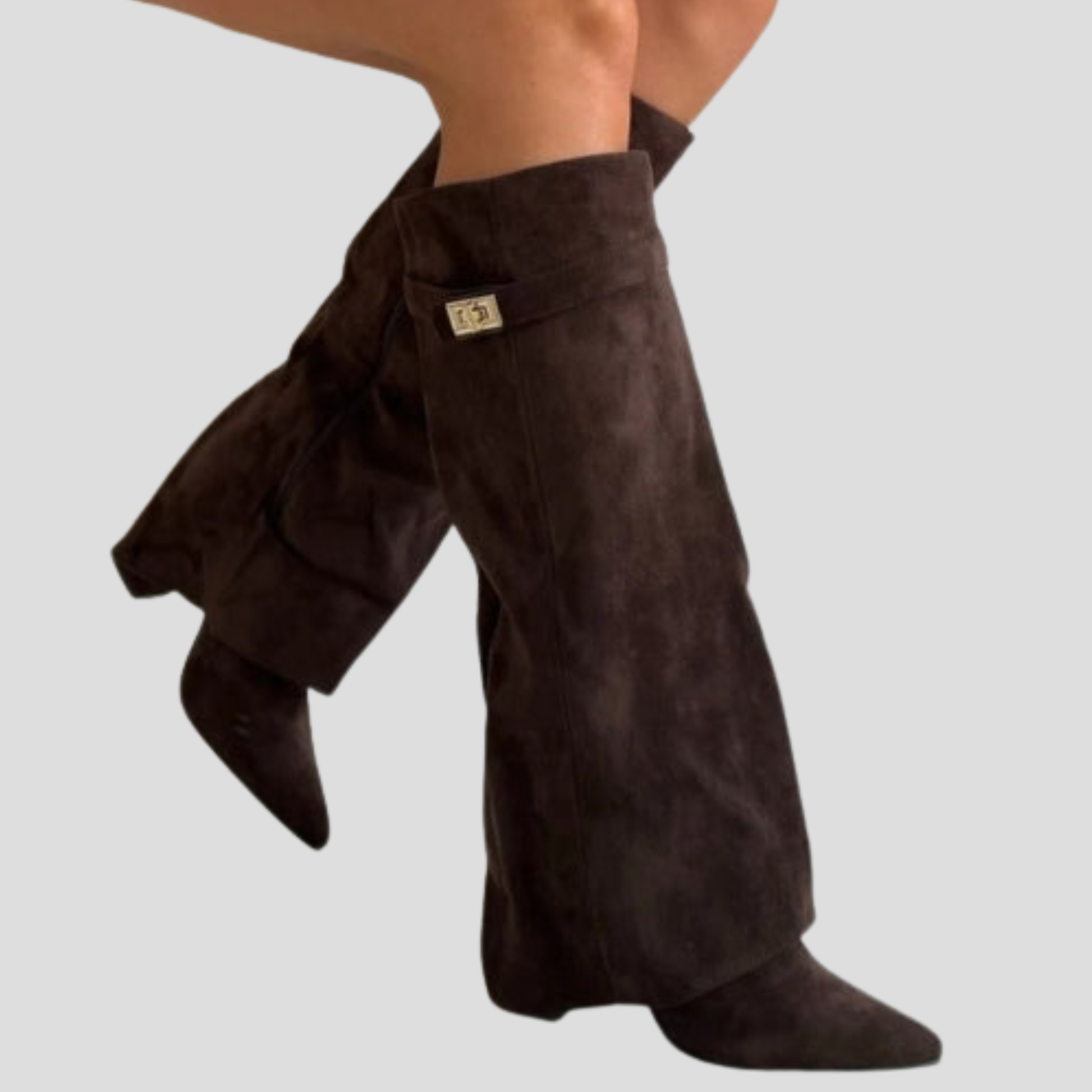 Women's knee-high boots with flared shaft and sculpted silhouette in neutral tones