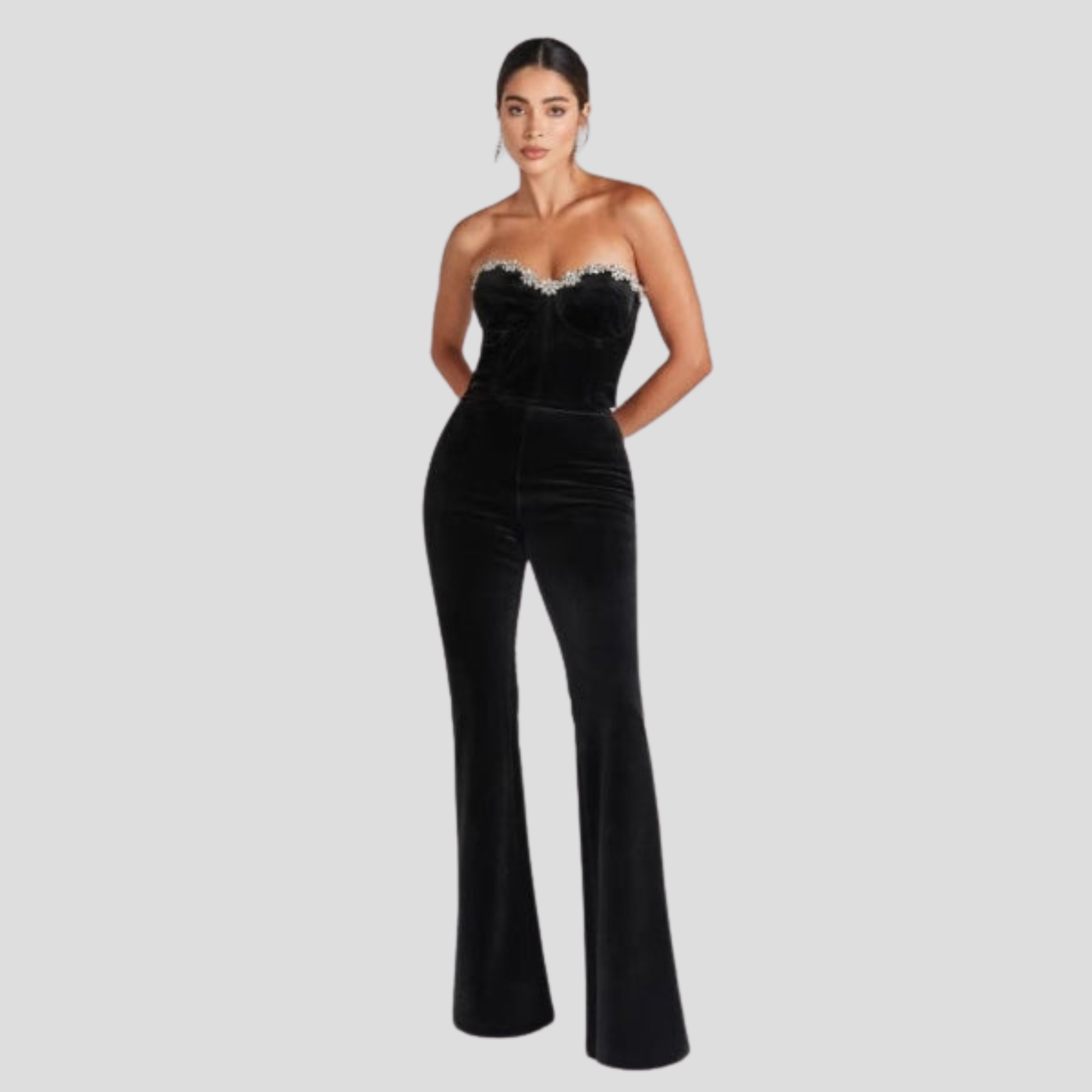 Black women's jumpsuit with sweetheart neckline and flared-leg silhouette